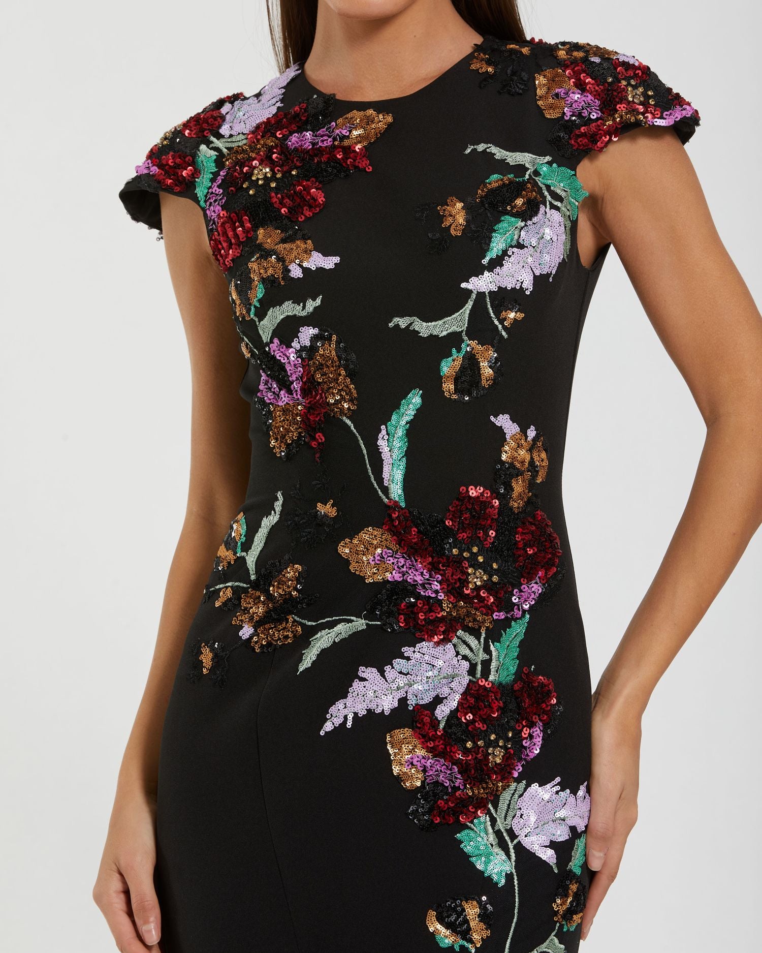 Black Floral Sequin Embellished Trumpet Gown-Myartka