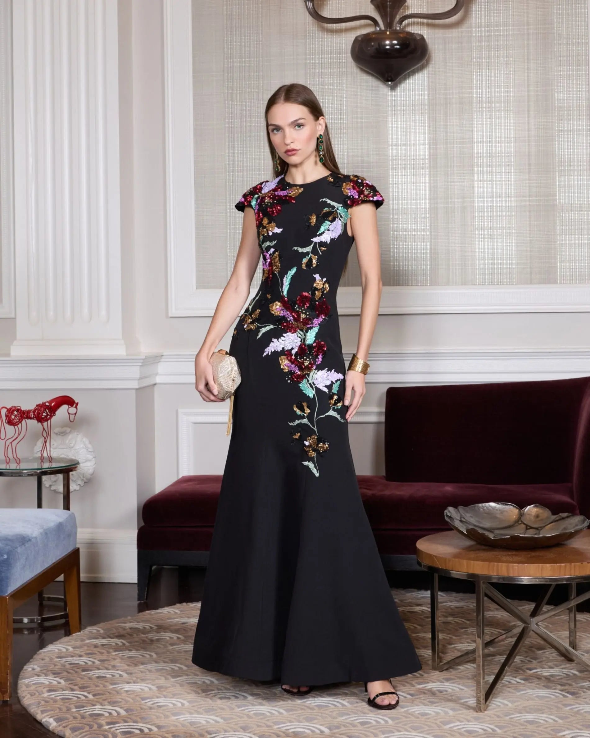 Black Floral Sequin Embellished Trumpet Gown-Myartka