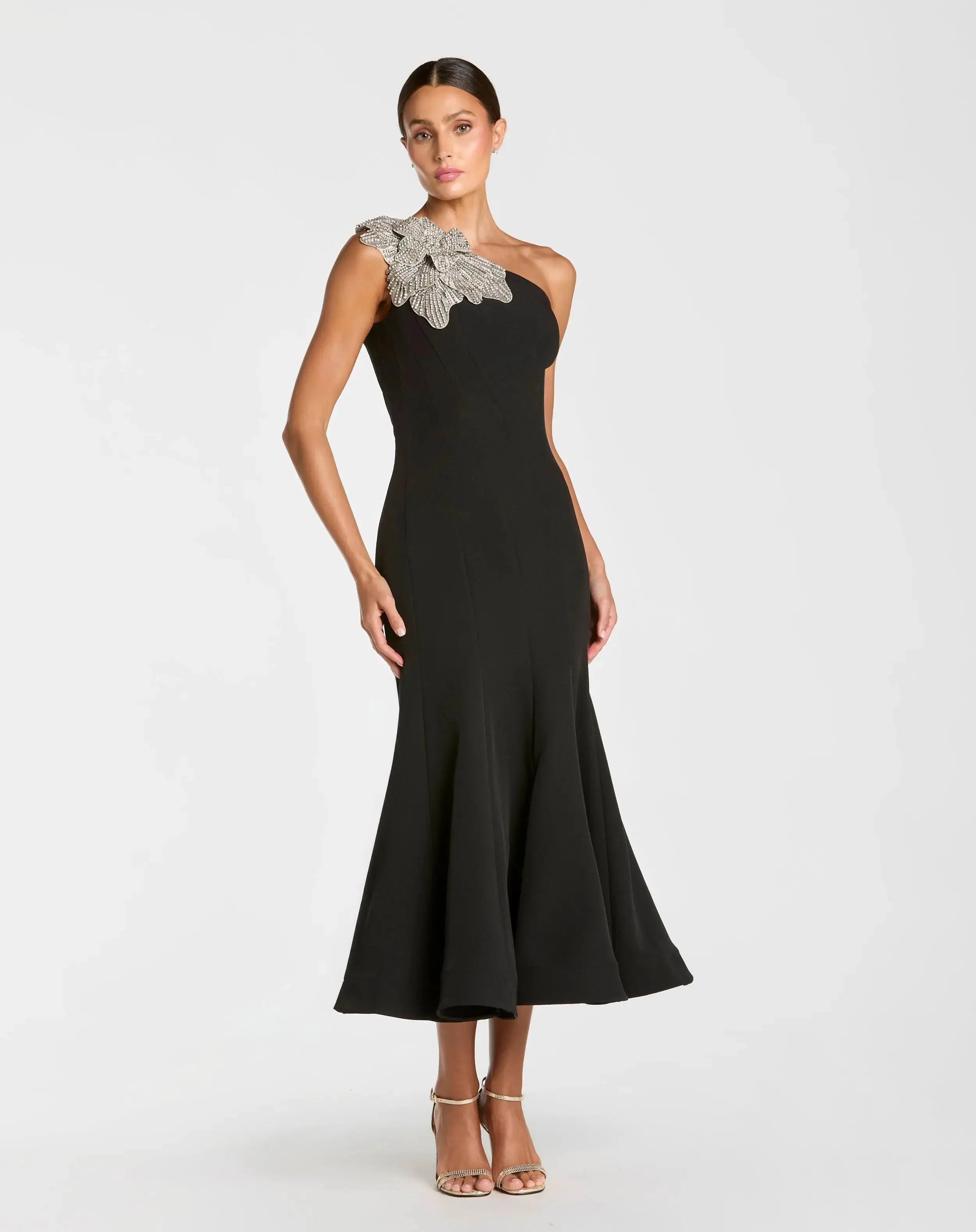 Petite Black Crepe One Shoulder Mermaid Midi Dress With Flower-Myartka