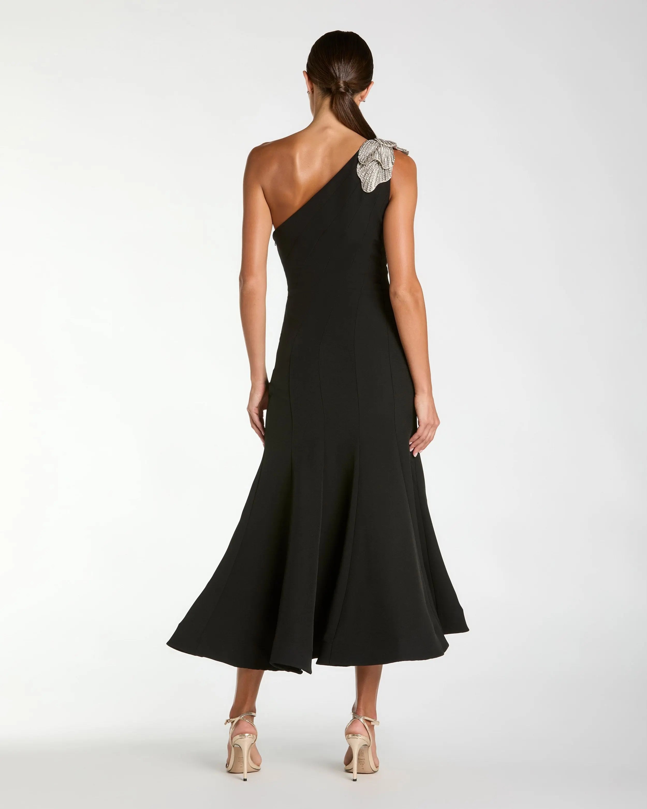 Black Crepe One Shoulder Midi Dress With Flower-Myartka