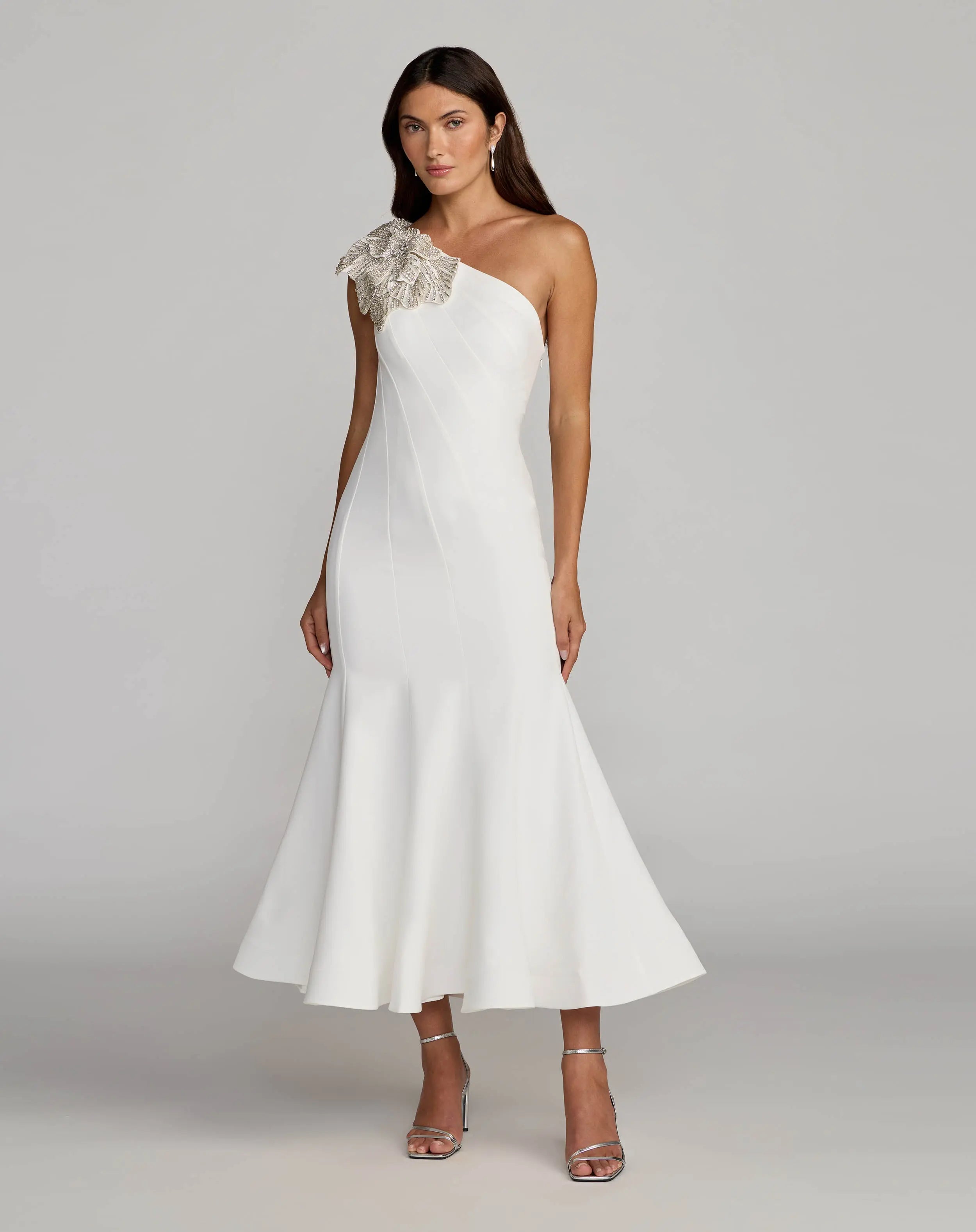 White Crepe One Shoulder Midi Dress with Flower-Myartka