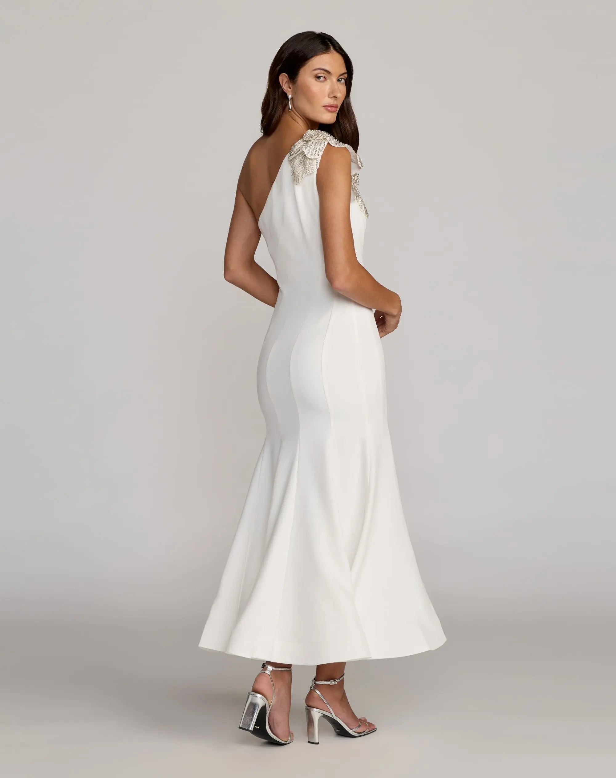 White Crepe One Shoulder Midi Dress with Flower-Myartka