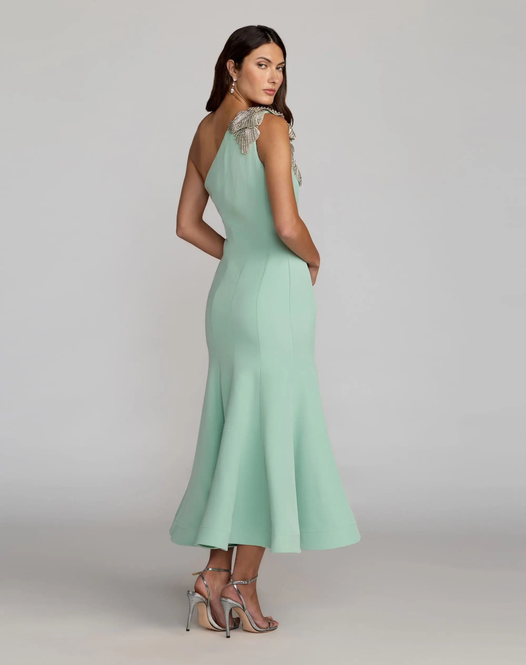 Green Crepe One Shoulder Midi Dress With Flower-Myartka