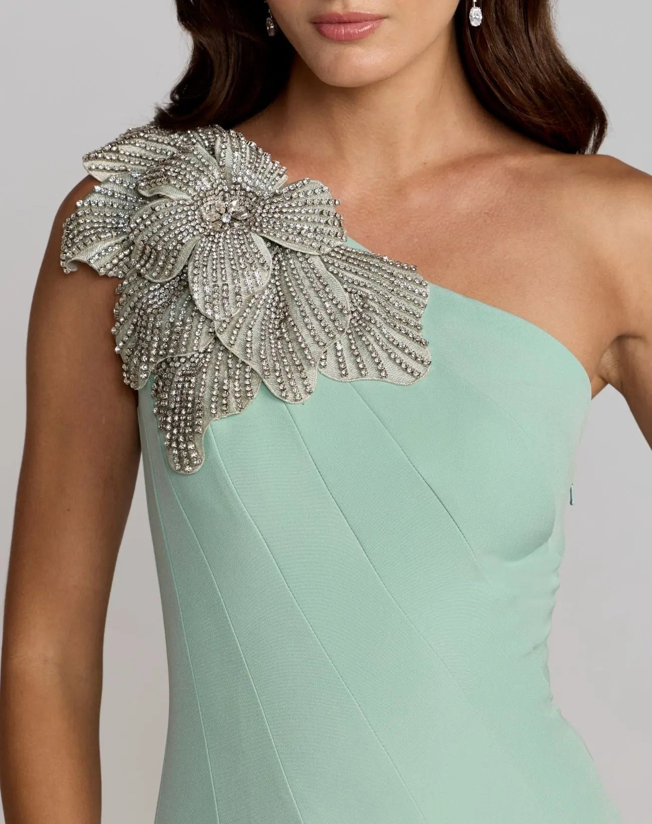 Green Crepe One Shoulder Midi Dress With Flower-Myartka