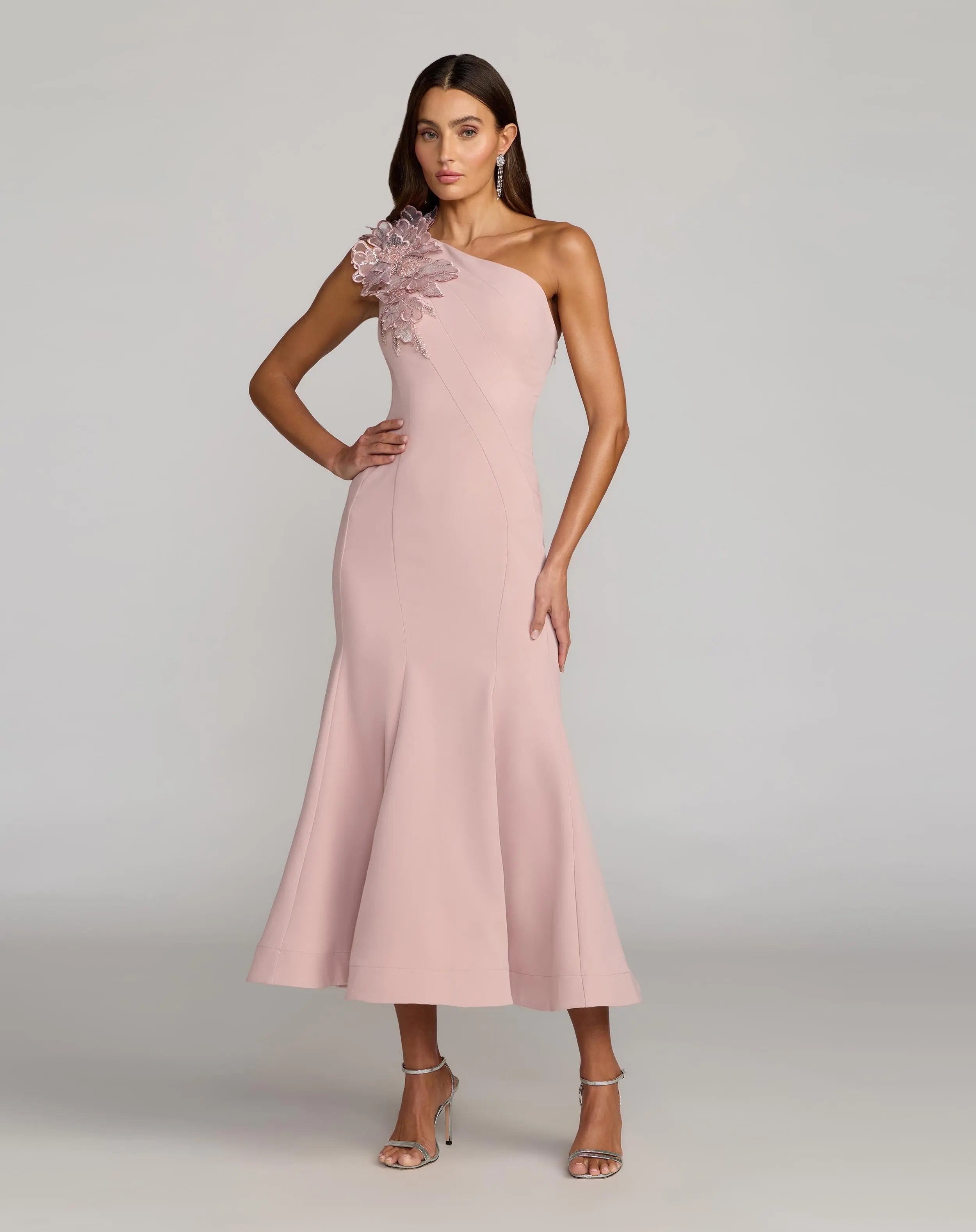 Pink One Shoulder Trumpet Midi Dress with 3D Flower-Myartka