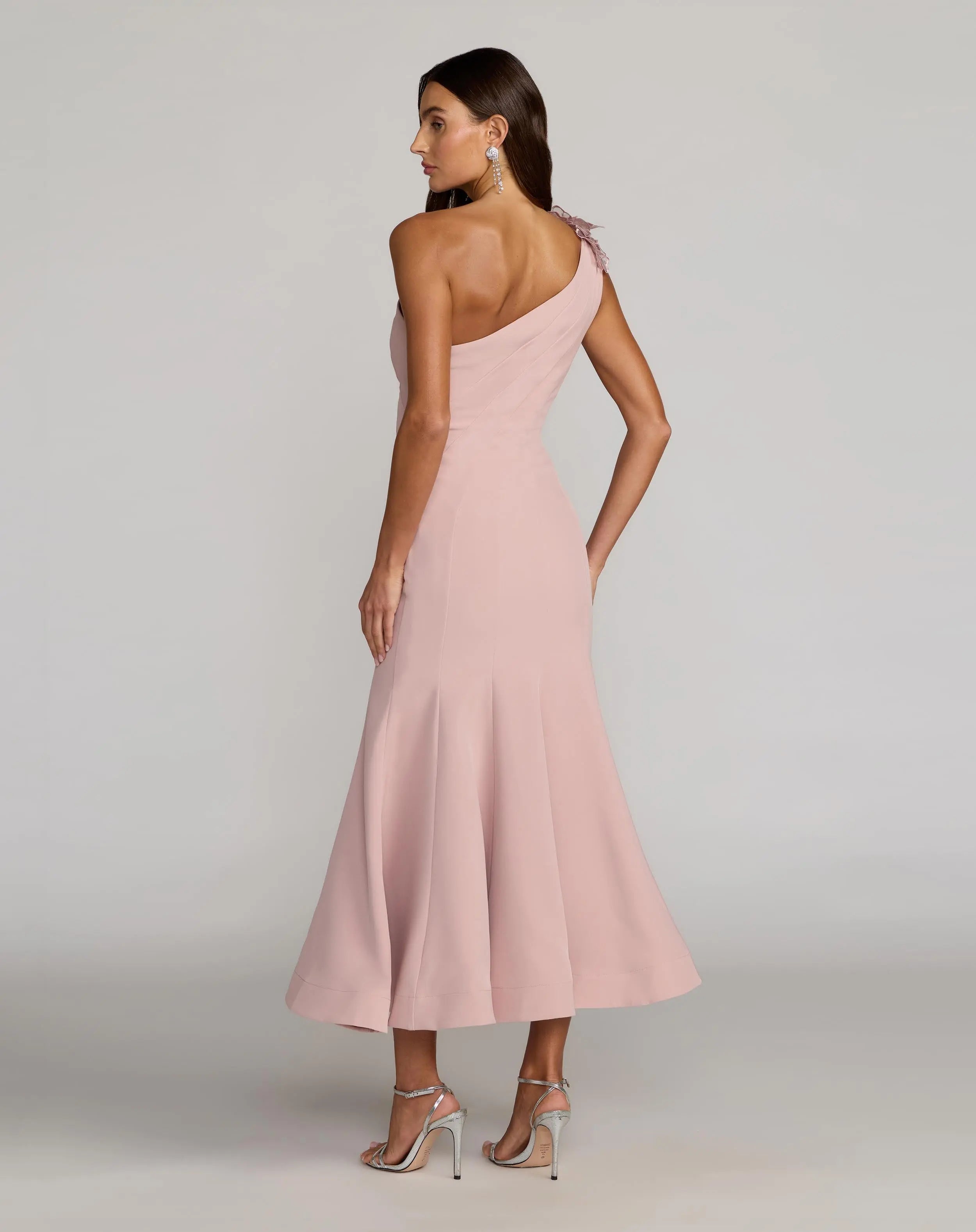 Pink One Shoulder Trumpet Midi Dress with 3D Flower-Myartka