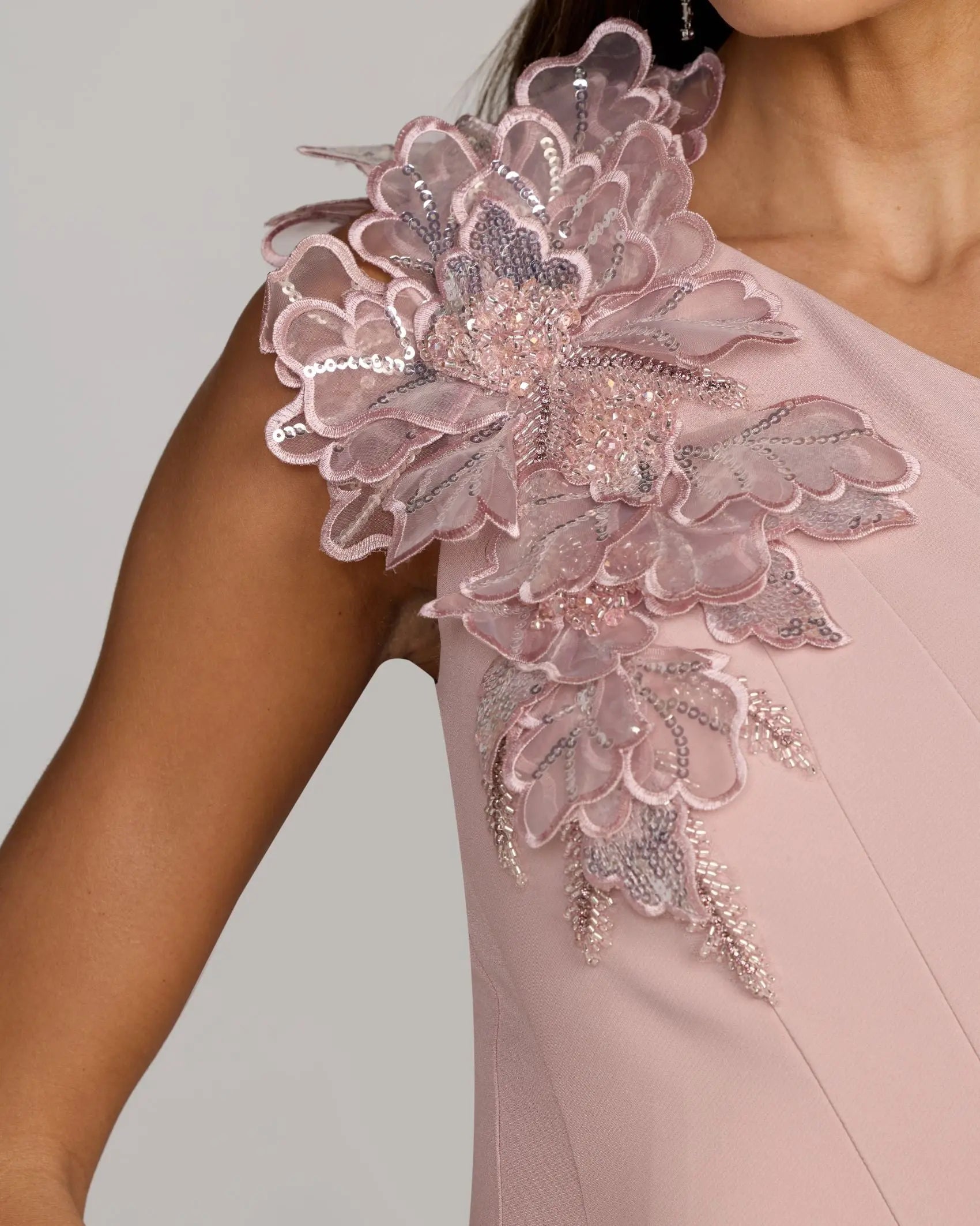 Pink One Shoulder Trumpet Midi Dress with 3D Flower-Myartka