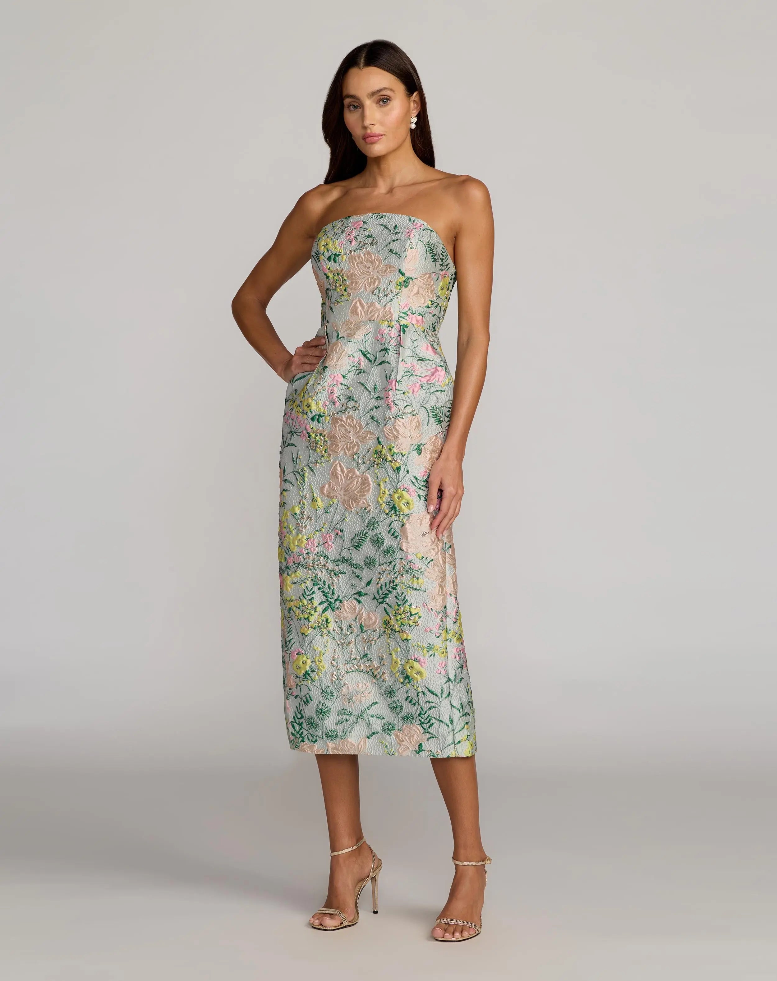 Multicolor Strapless Brocade Midi Dress With Pockets-Myartka