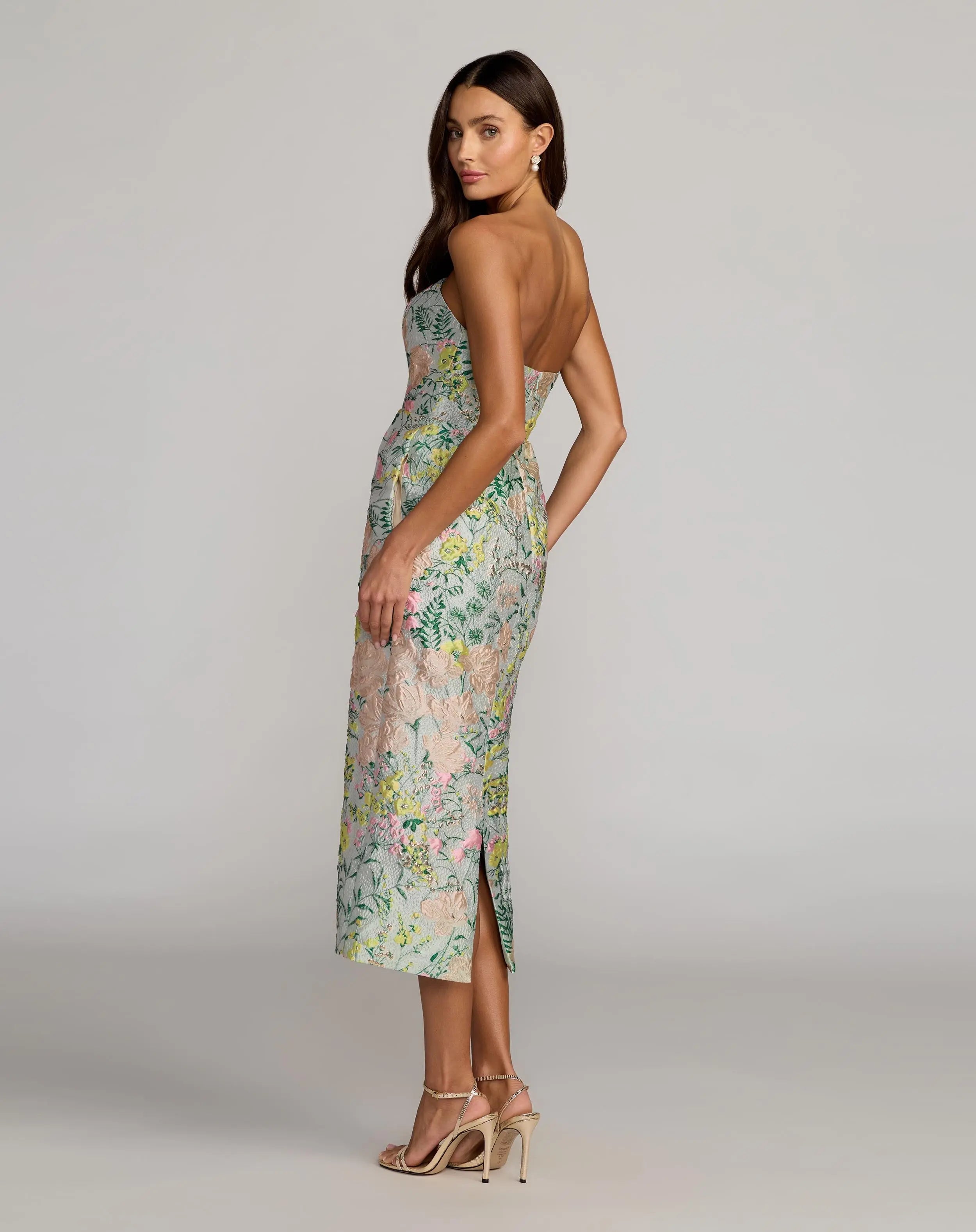 Multicolor Strapless Brocade Midi Dress With Pockets-Myartka
