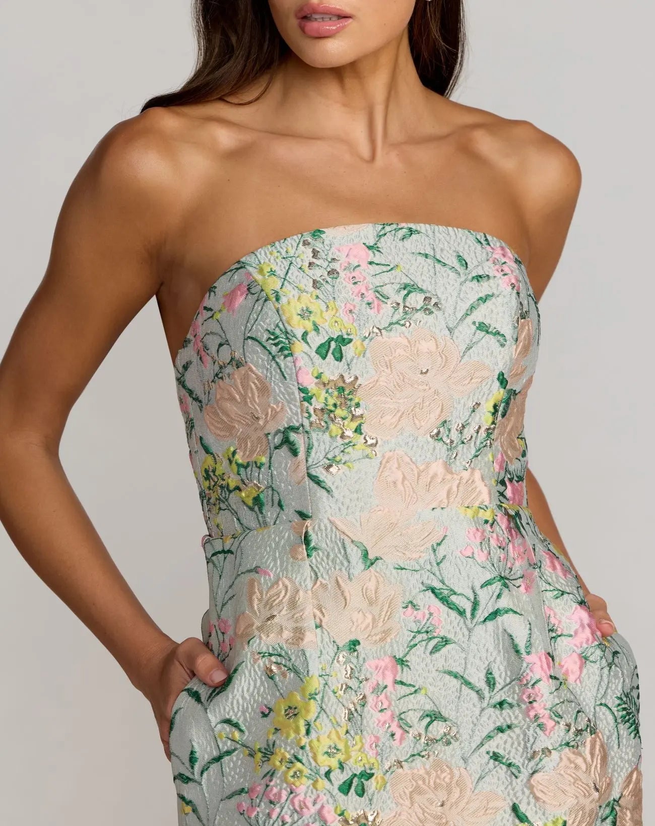Multicolor Strapless Brocade Midi Dress With Pockets-Myartka
