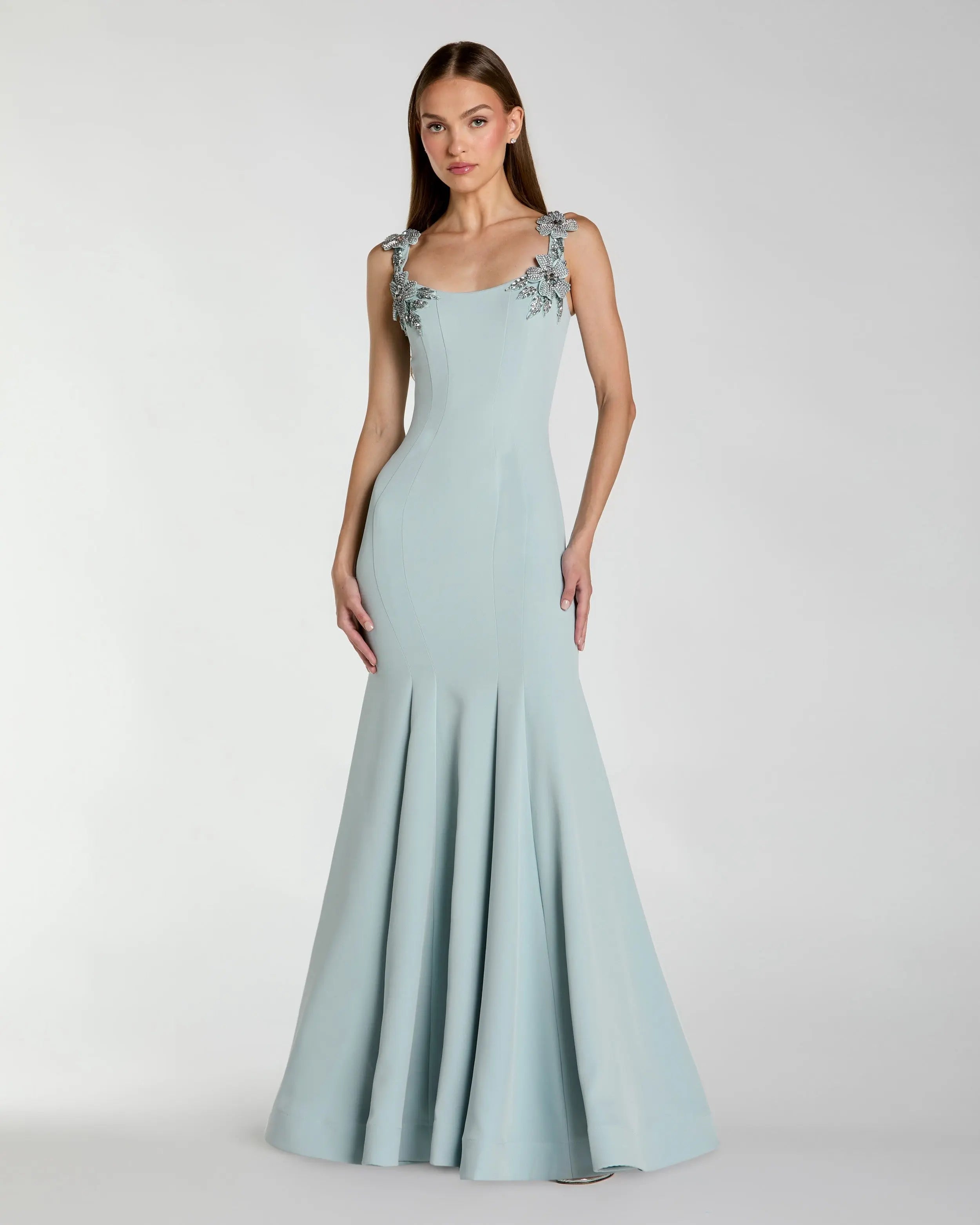 Light Blue Scoop Neck Mermaid Gown with Rhinestone Straps-Myartka