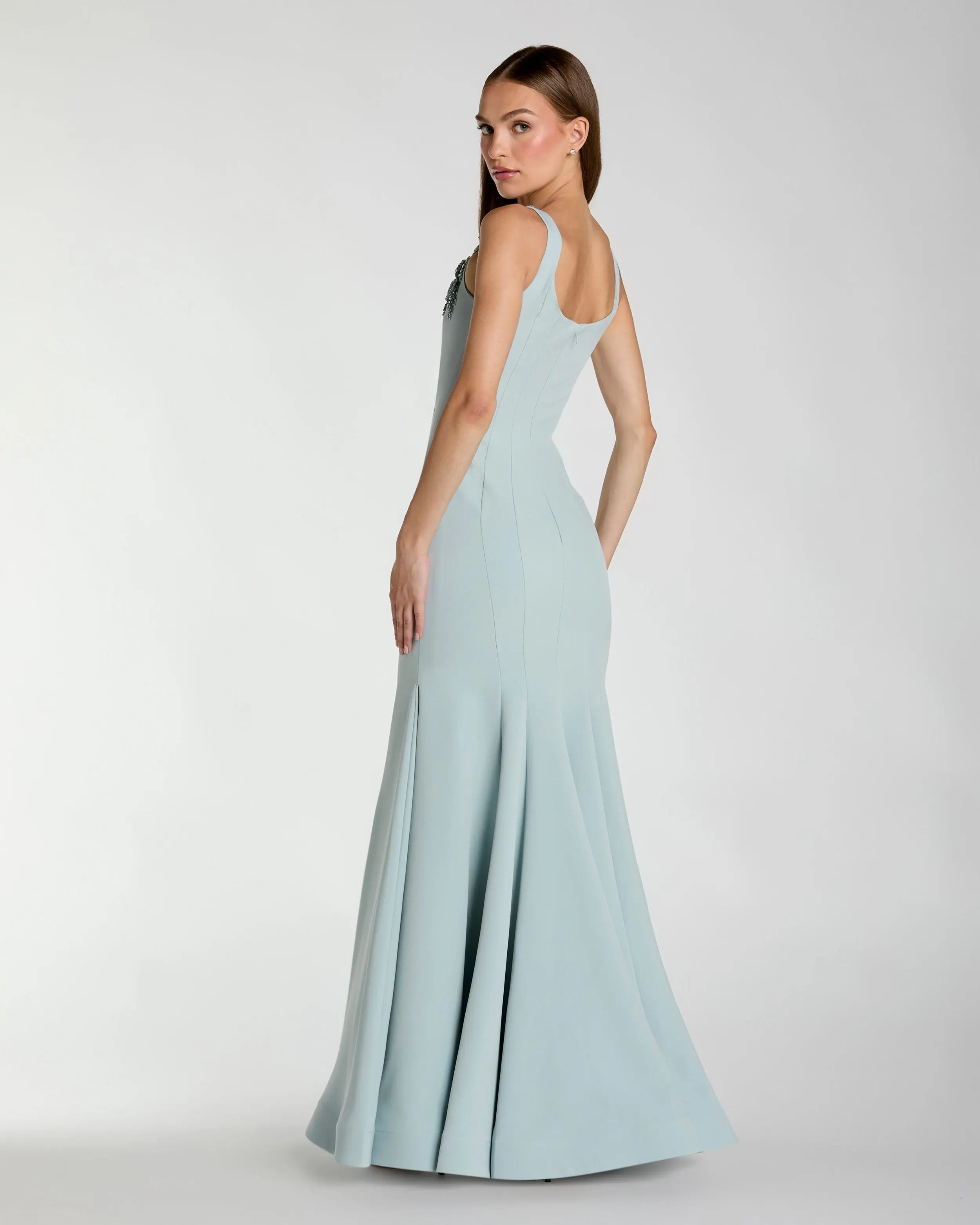 Light Blue Scoop Neck Mermaid Gown with Rhinestone Straps-Myartka