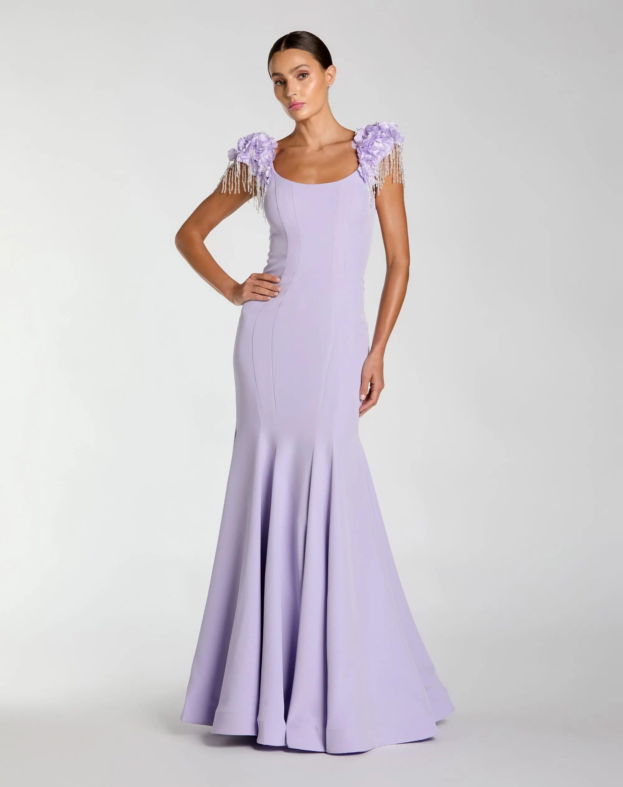 Purple Scoop Neck Mermaid Gown With Embellished Sleeves-Myartka