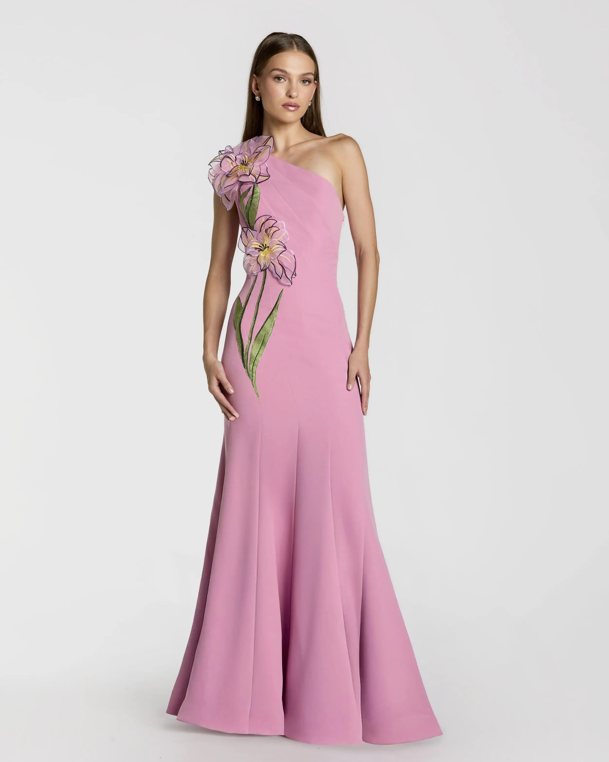 Pink One Shoulder Mermaid Gown With 3D Flower-Myartka
