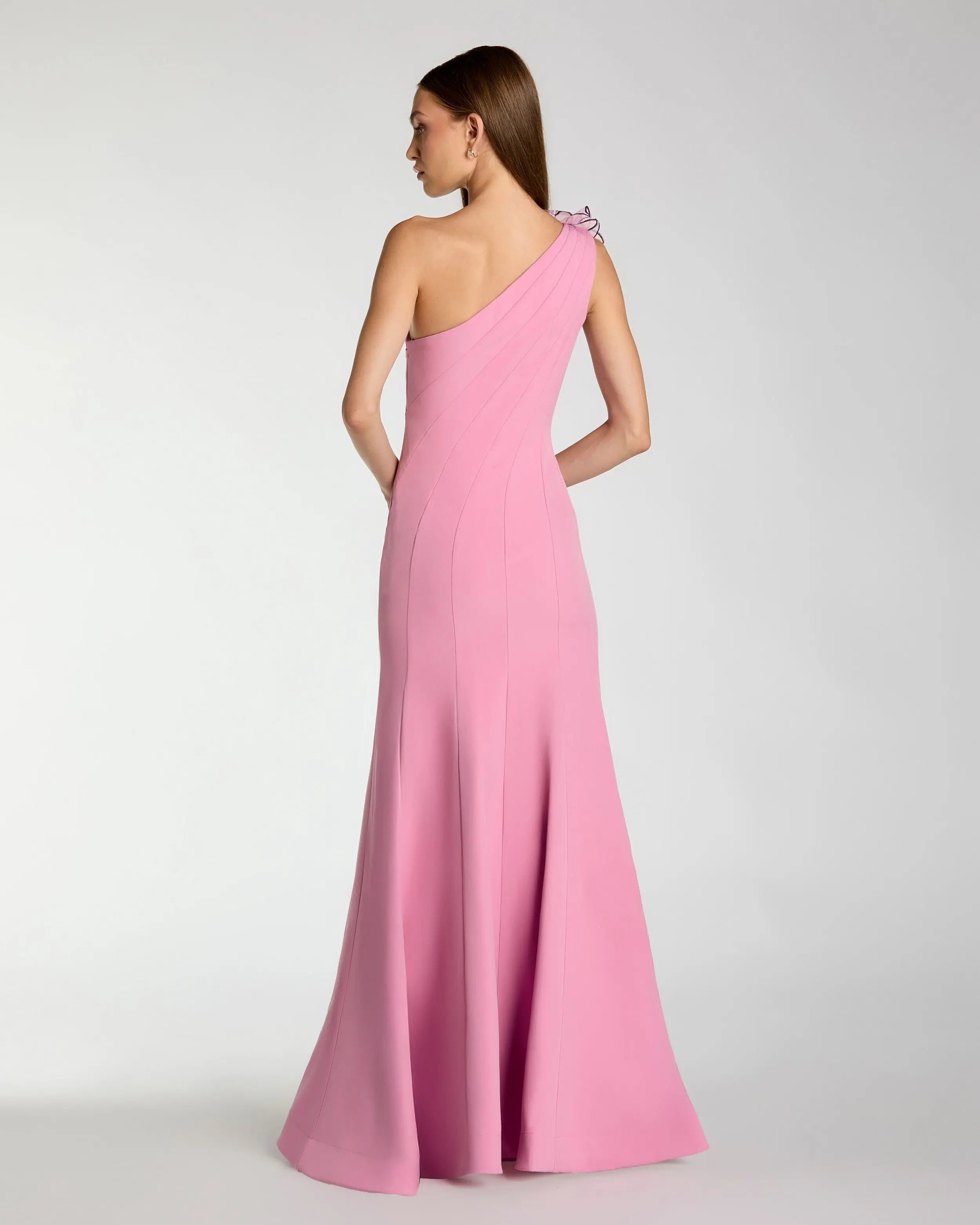 Pink One Shoulder Mermaid Gown With 3D Flower-Myartka