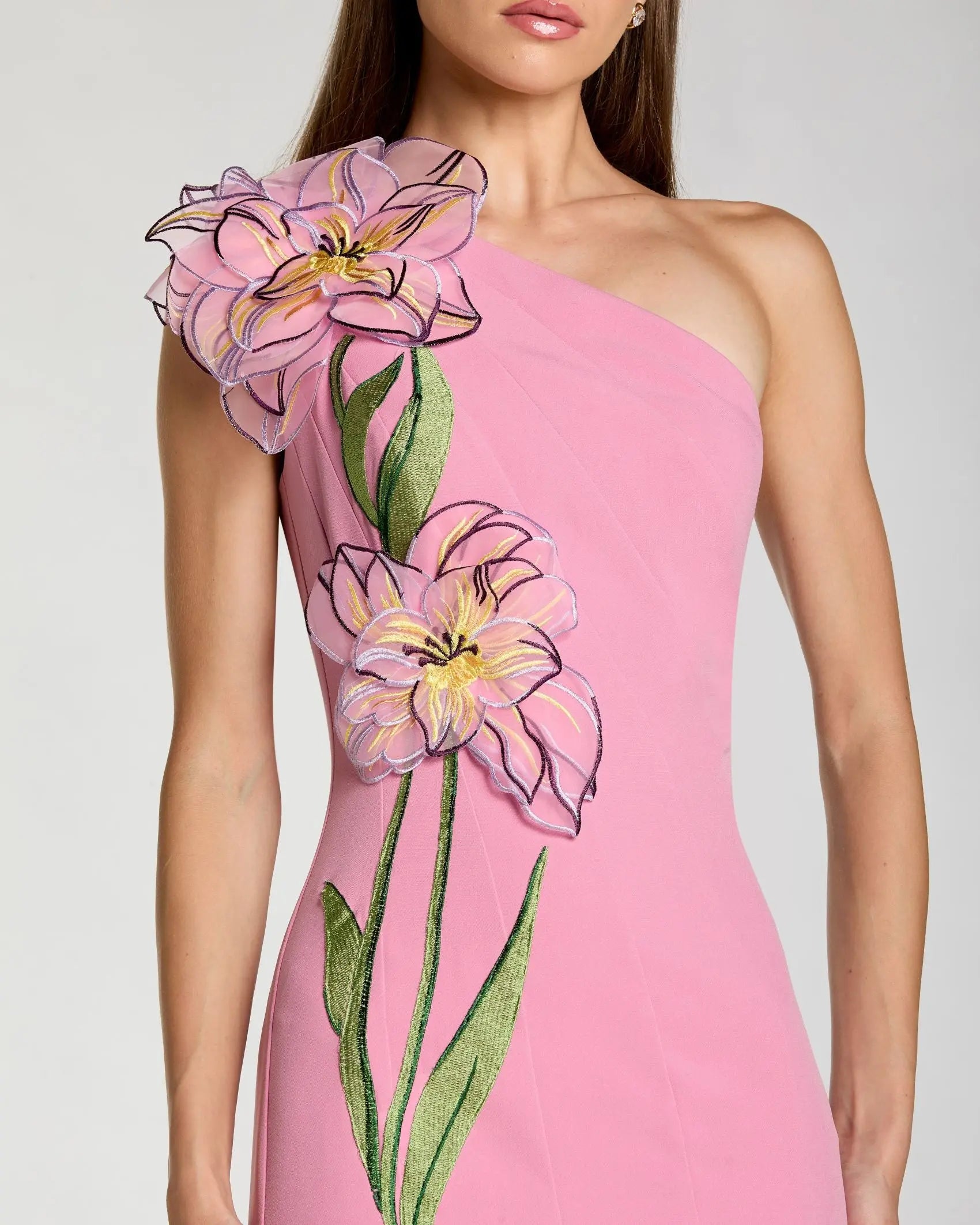 Pink One Shoulder Mermaid Gown With 3D Flower-Myartka