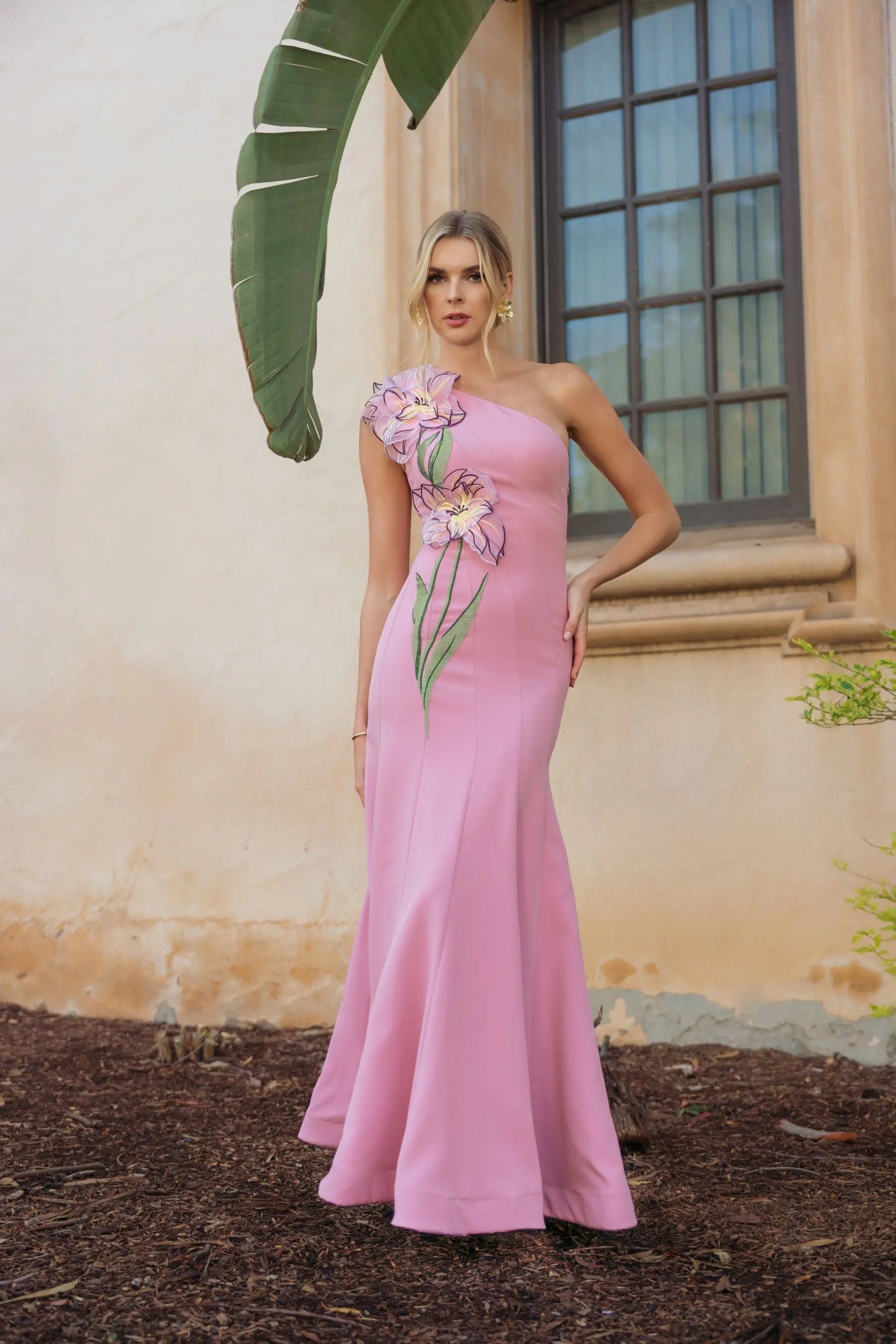 Pink One Shoulder Mermaid Gown With 3D Flower-Myartka