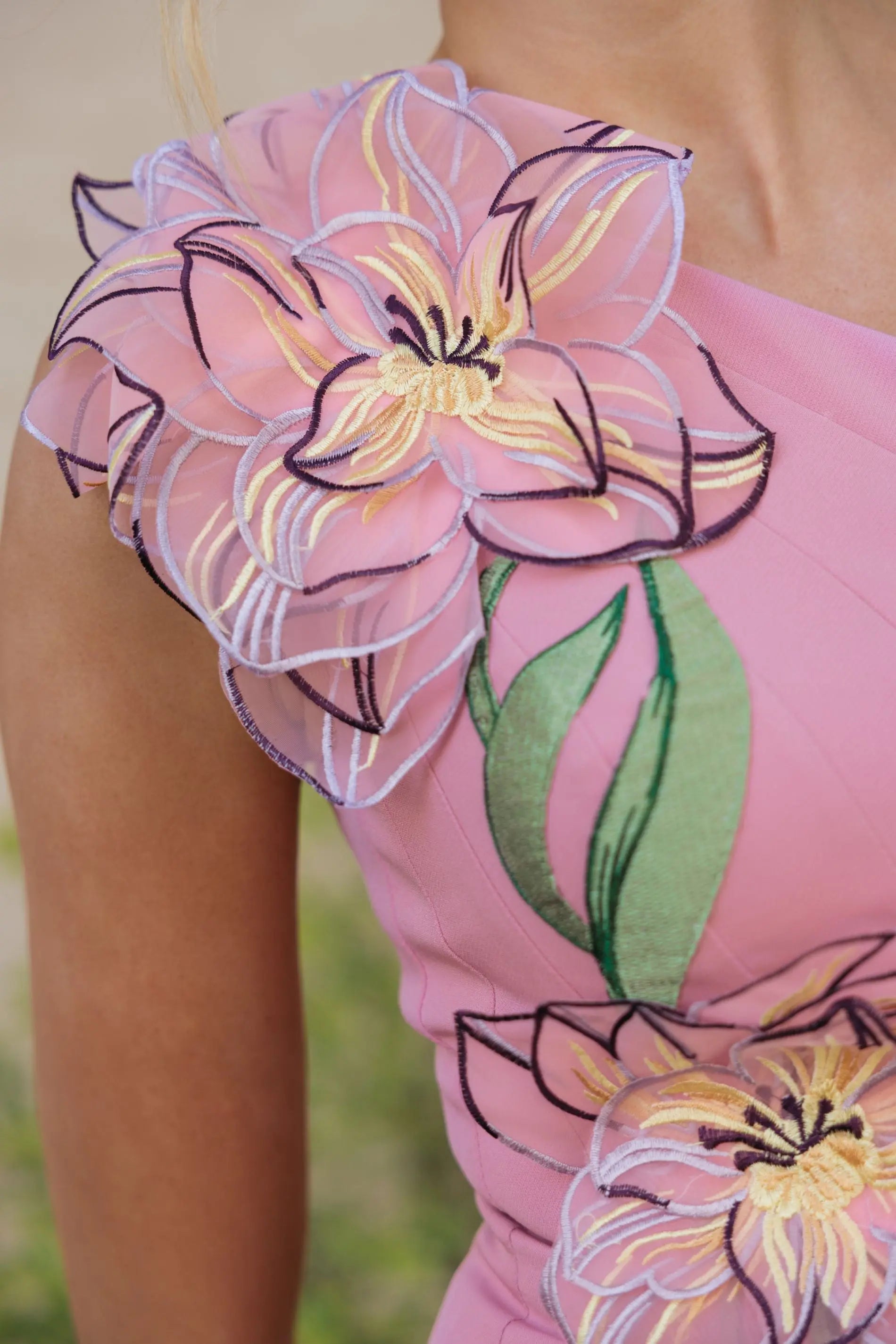 Pink One Shoulder Mermaid Gown With 3D Flower-Myartka