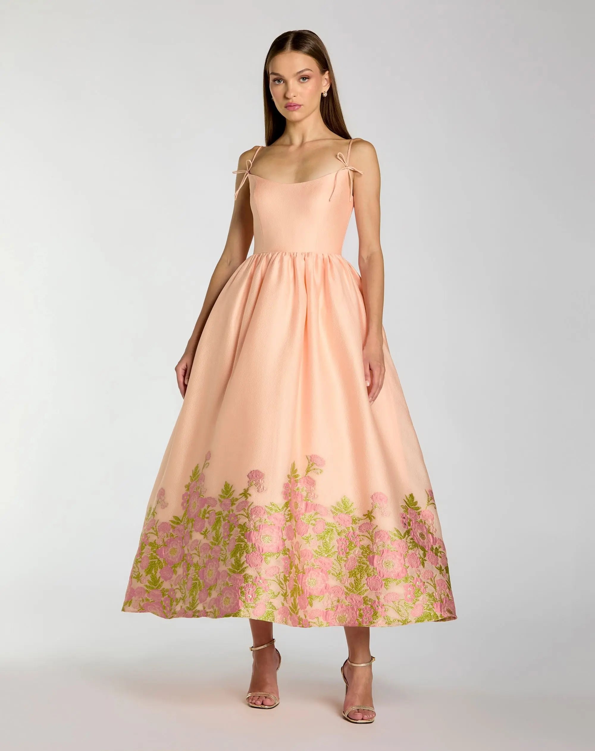 Peach Spaghetti Strap Organza Midi Dress With Bow Detail-Myartka