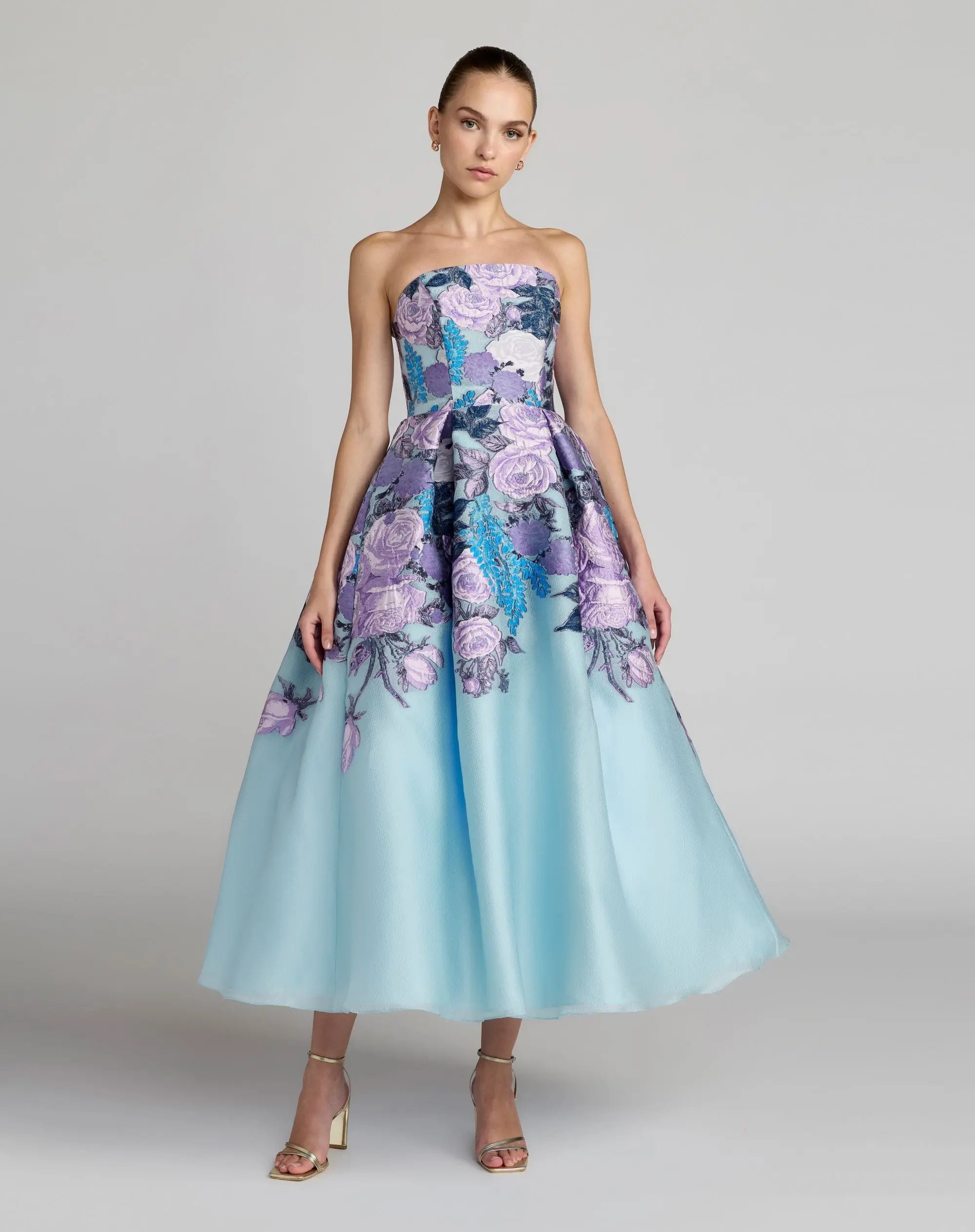 Blue Floral Embroidered Strapless Organza Midi Dress-Myartka