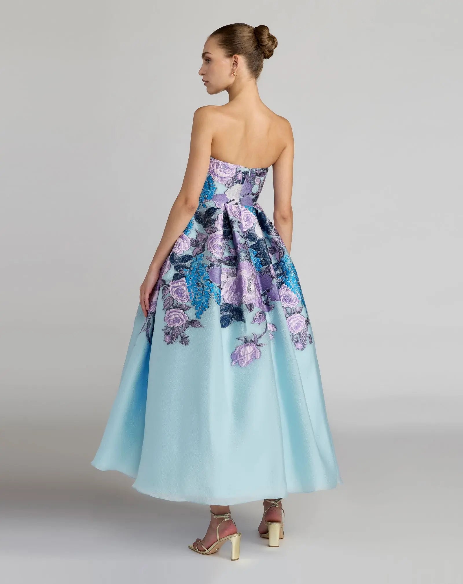 Blue Floral Embroidered Strapless Organza Midi Dress-Myartka
