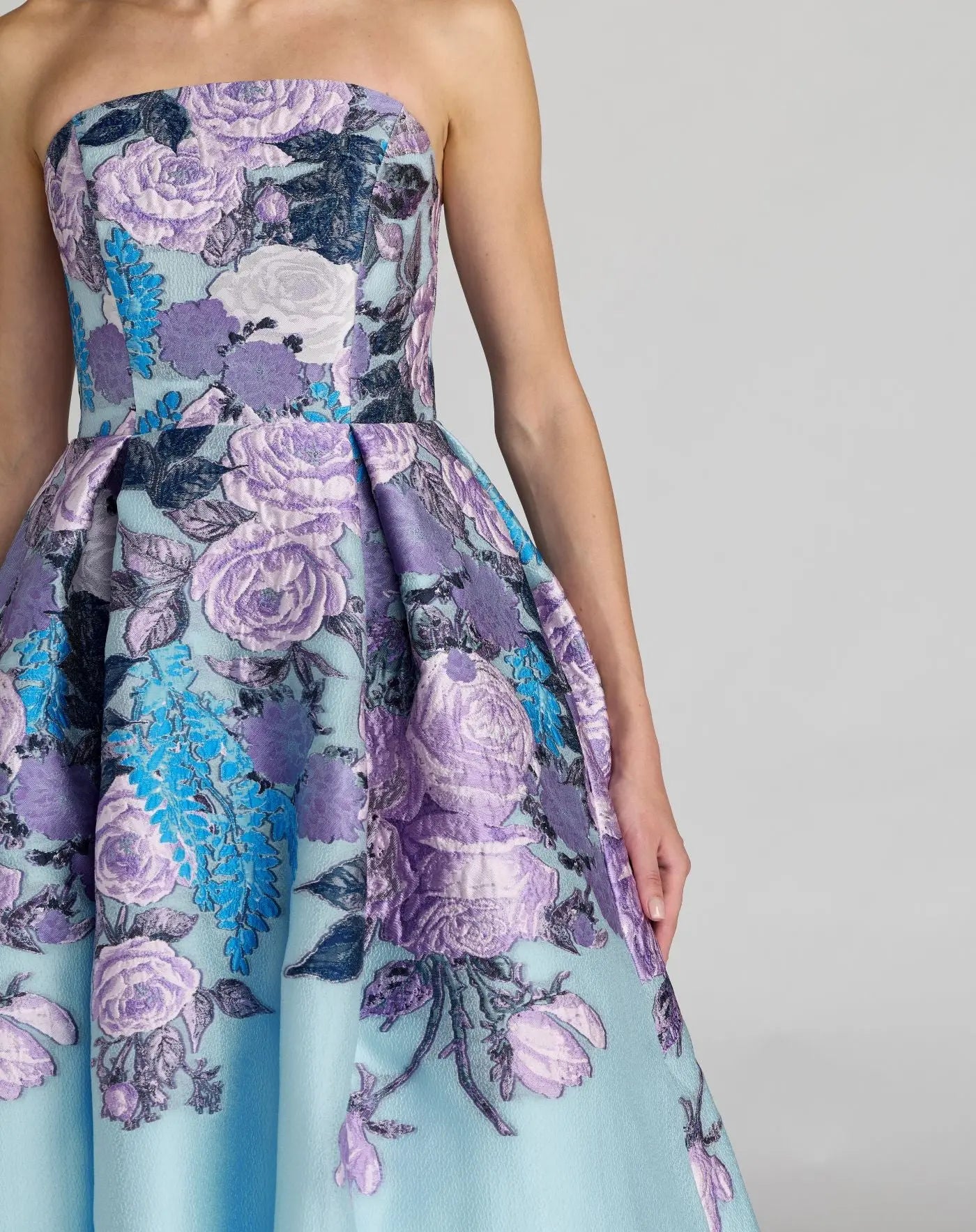 Blue Floral Embroidered Strapless Organza Midi Dress-Myartka