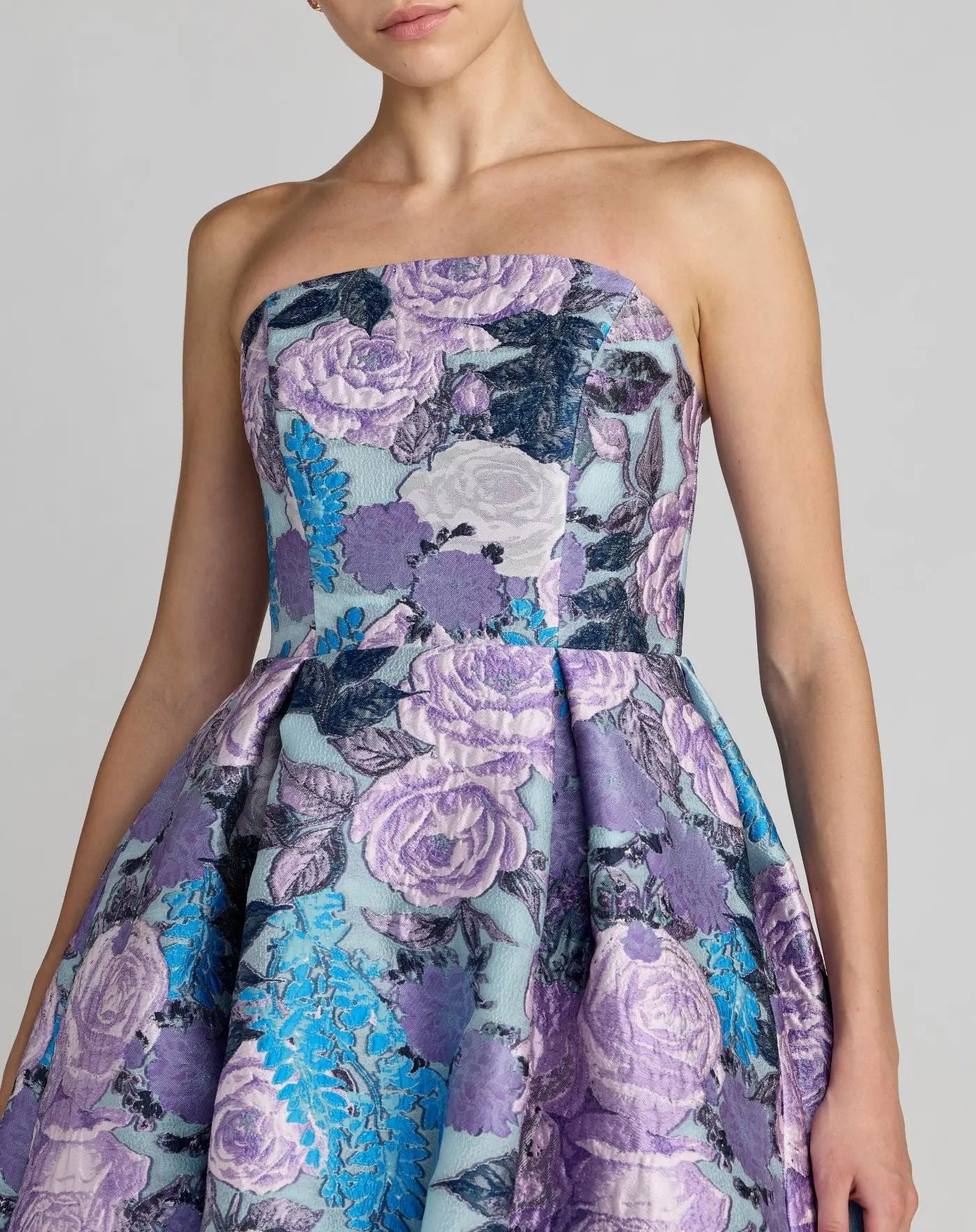 Blue Floral Embroidered Strapless Organza Midi Dress-Myartka