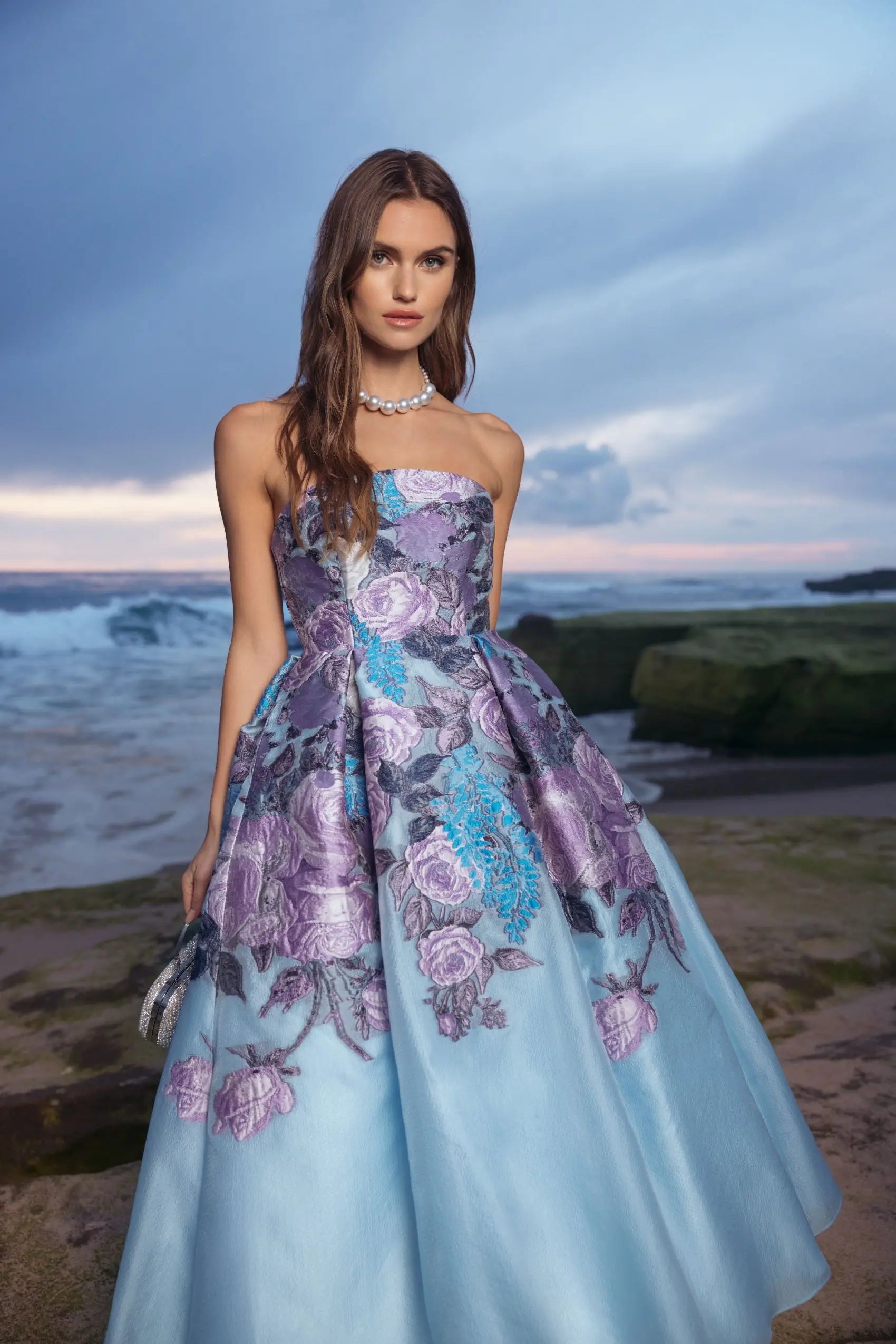 Blue Floral Embroidered Strapless Organza Midi Dress-Myartka