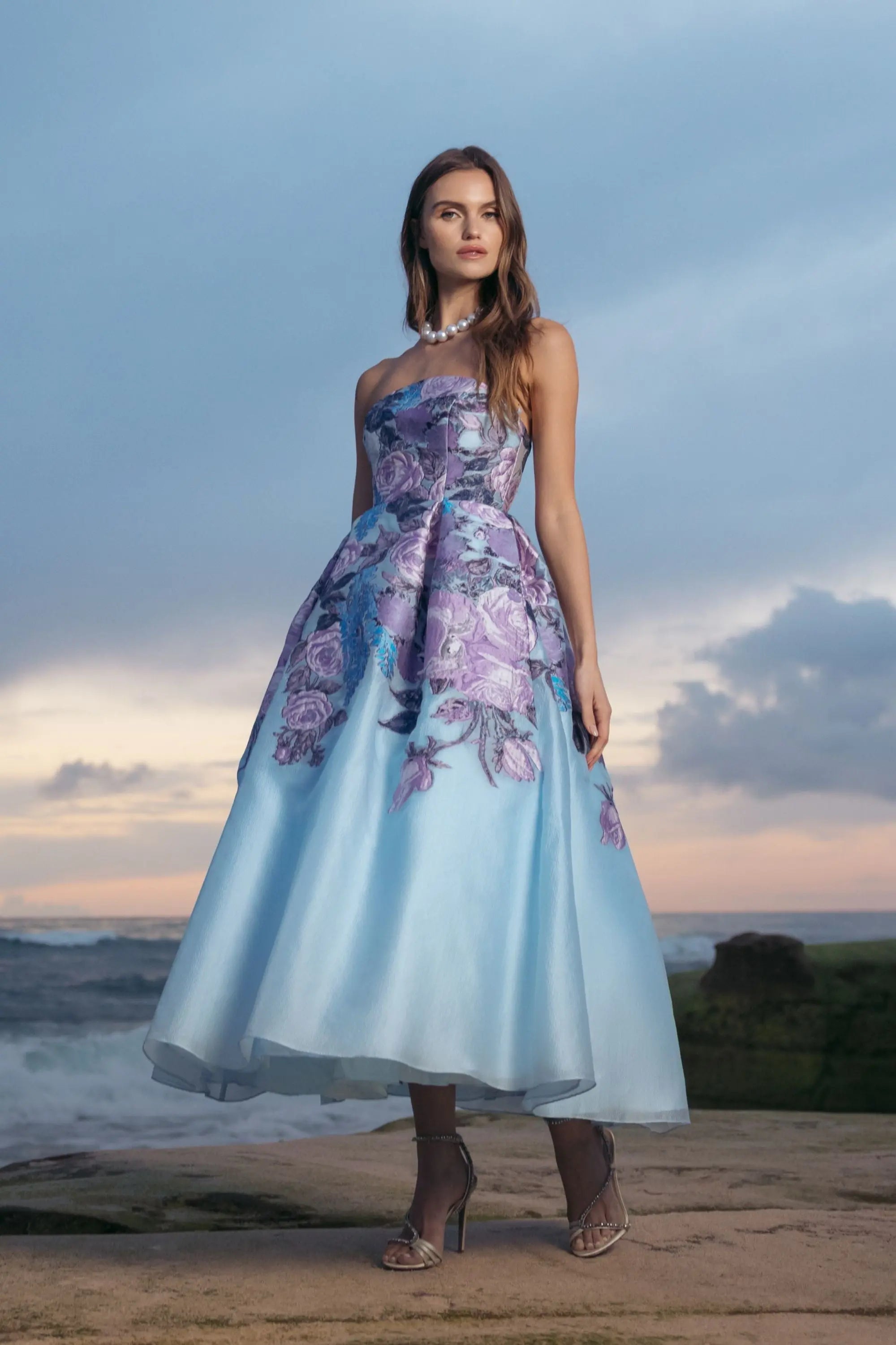 Blue Floral Embroidered Strapless Organza Midi Dress-Myartka