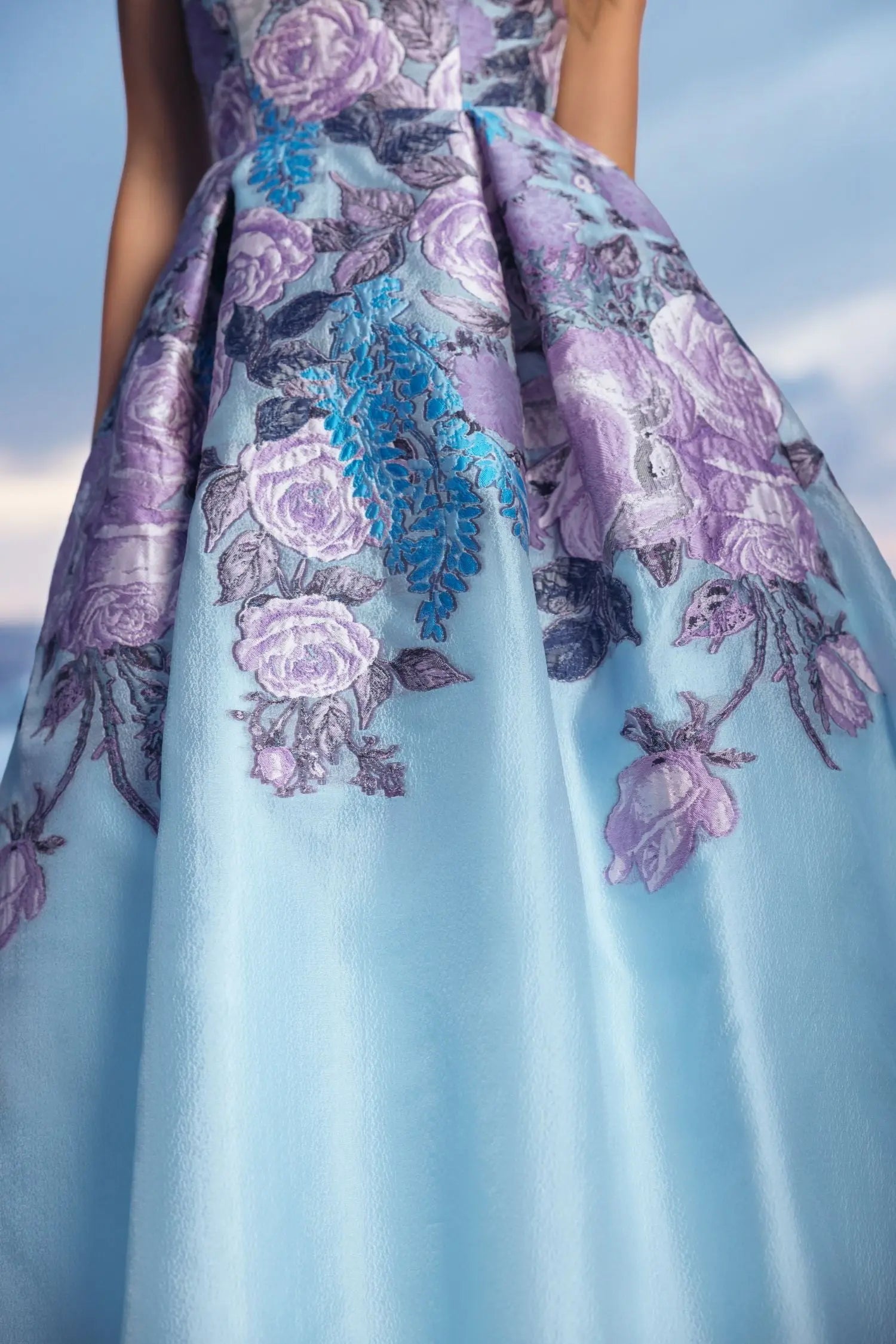 Blue Floral Embroidered Strapless Organza Midi Dress-Myartka