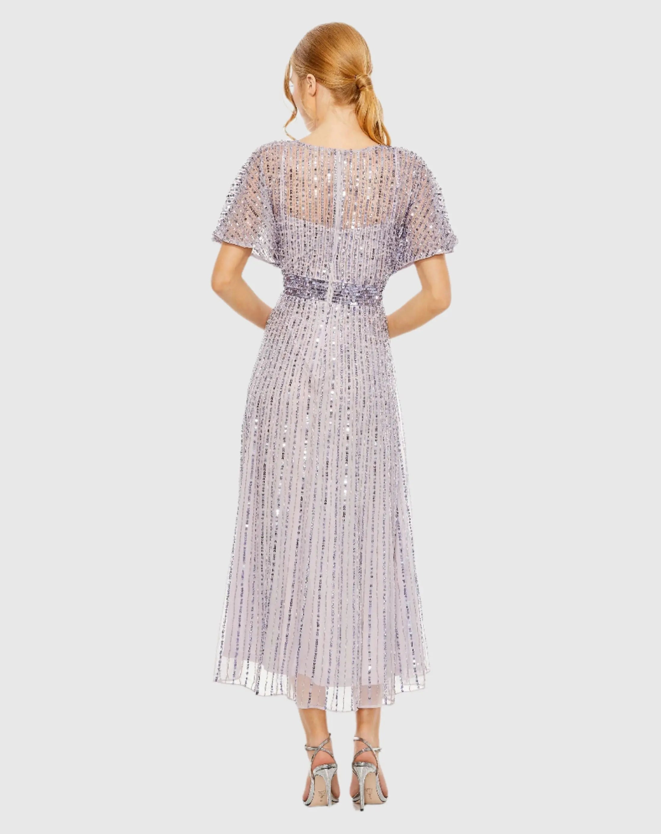 Purple Embellished Short Sleeve Empire Waist Dress-Myartka