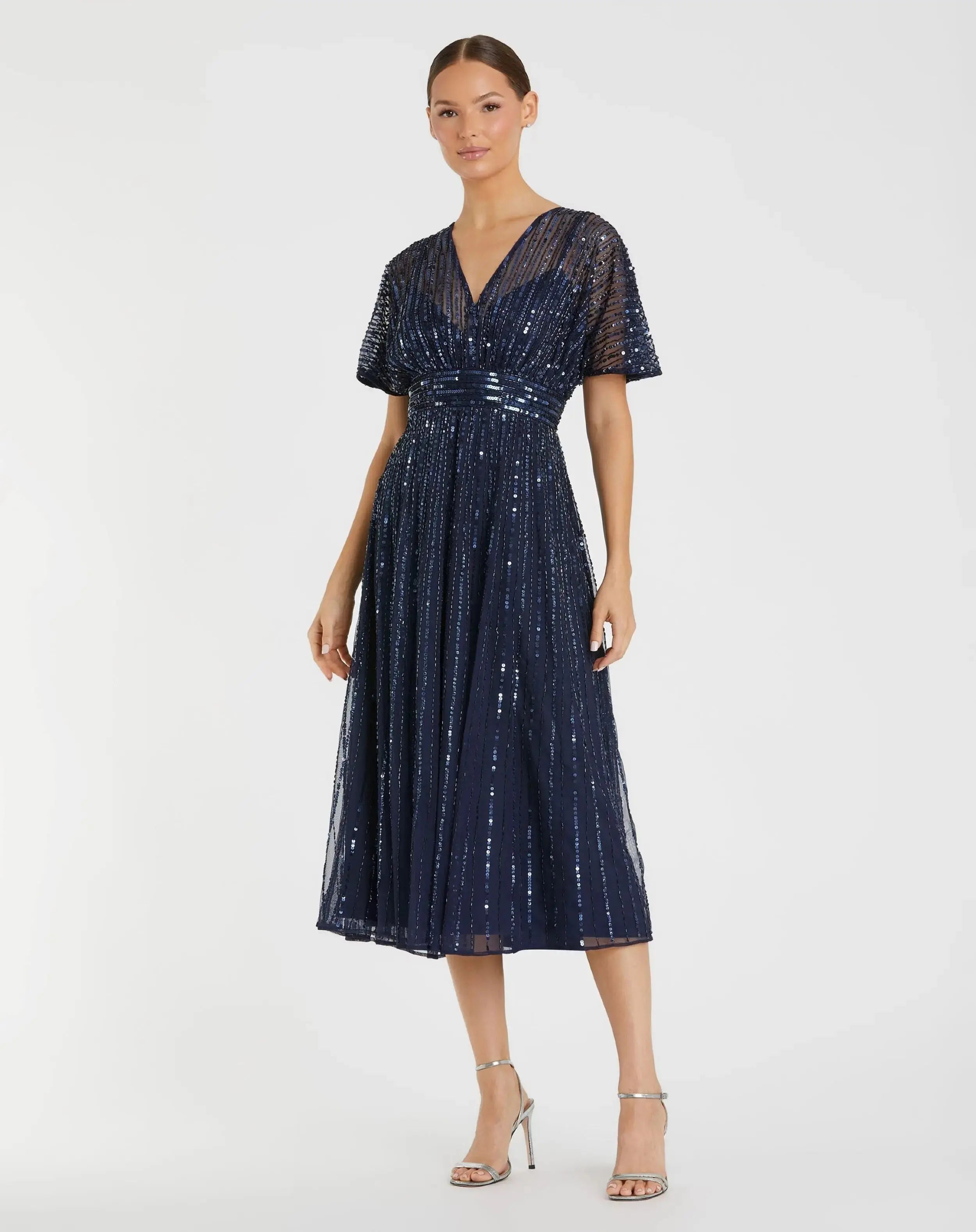 Navy Embellished Short Sleeve Empire Waist Dress-Myartka