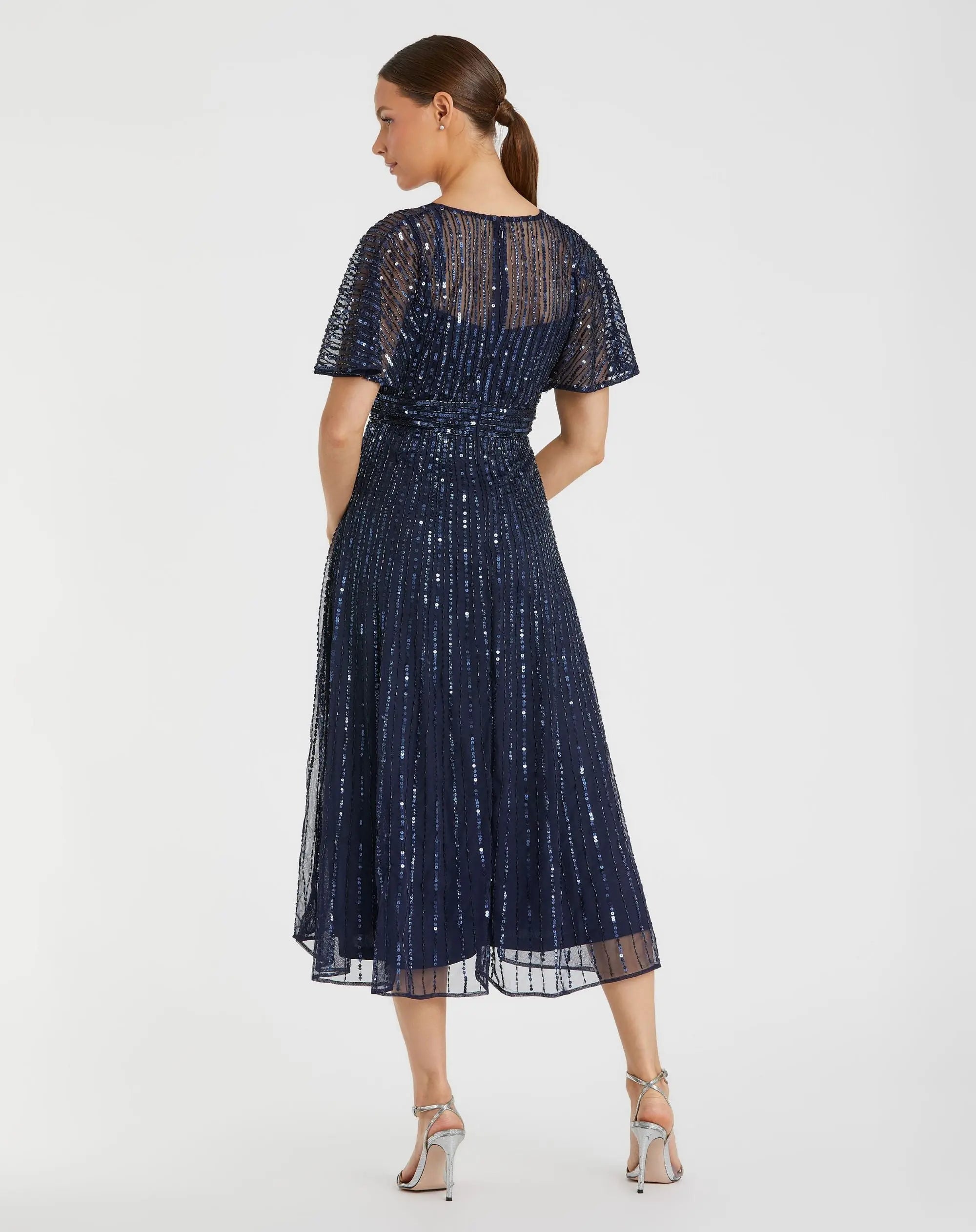 Navy Embellished Short Sleeve Empire Waist Dress-Myartka