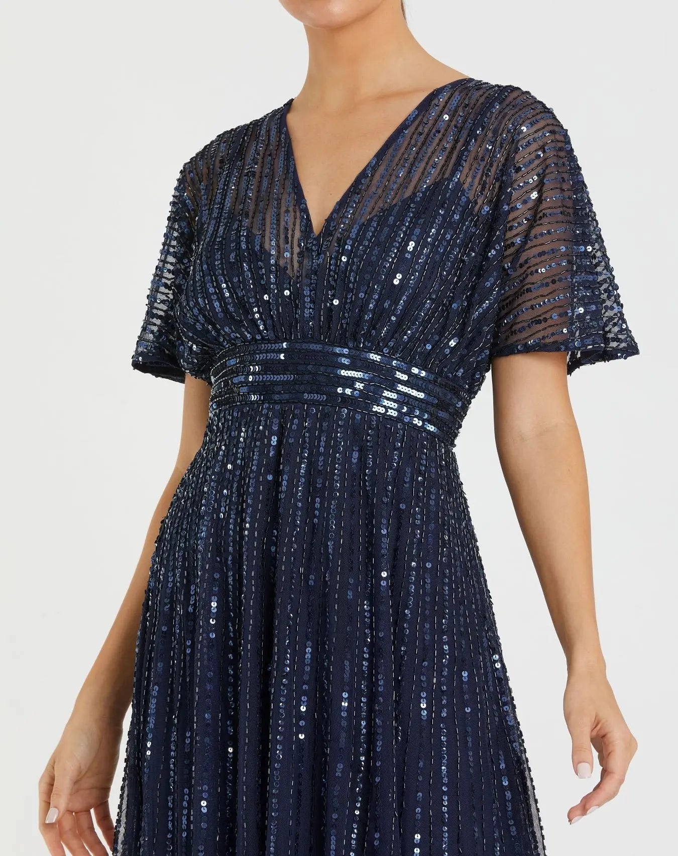 Navy Embellished Short Sleeve Empire Waist Dress-Myartka