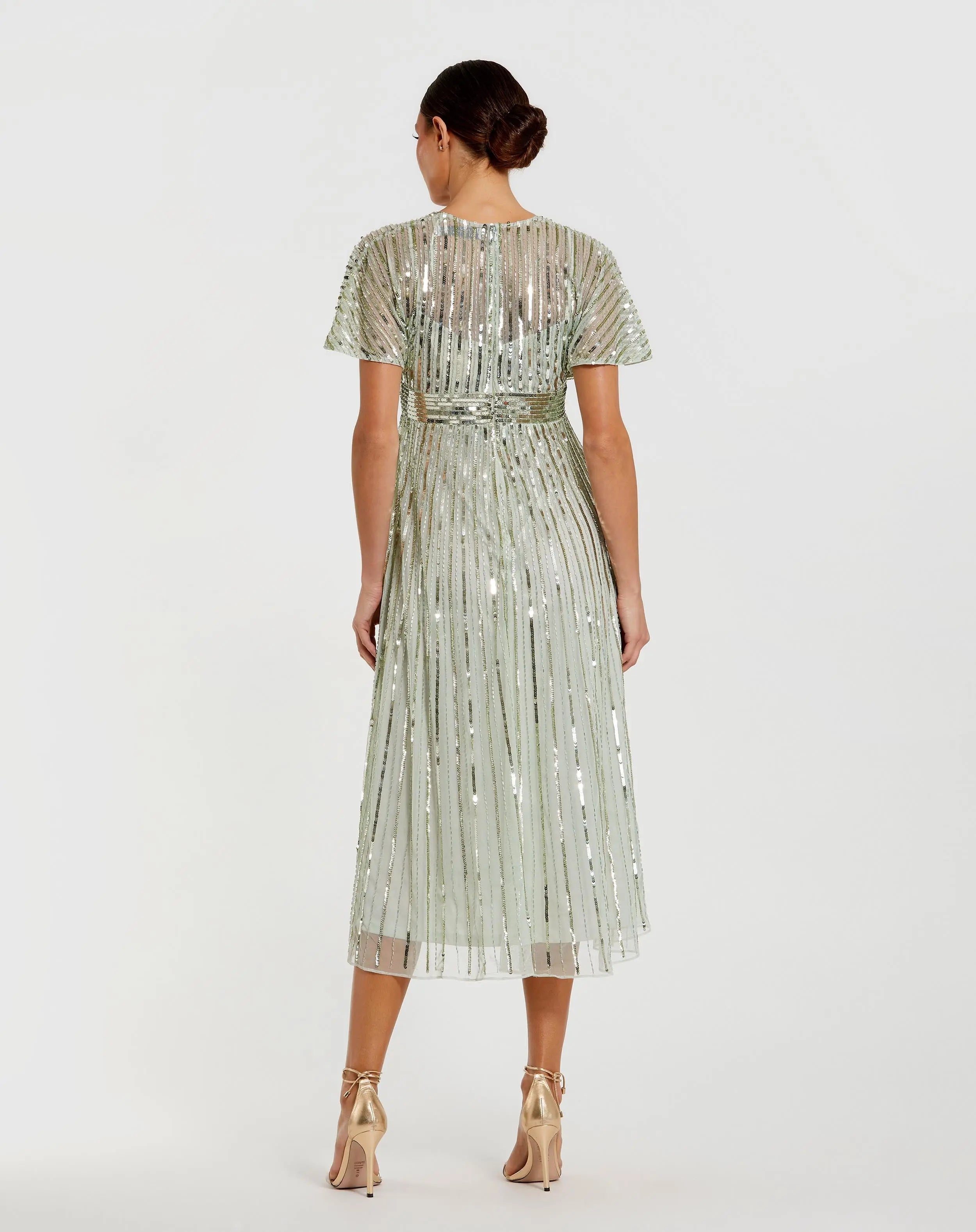 Green Embellished Short Sleeve Empire Waist Dress-Myartka