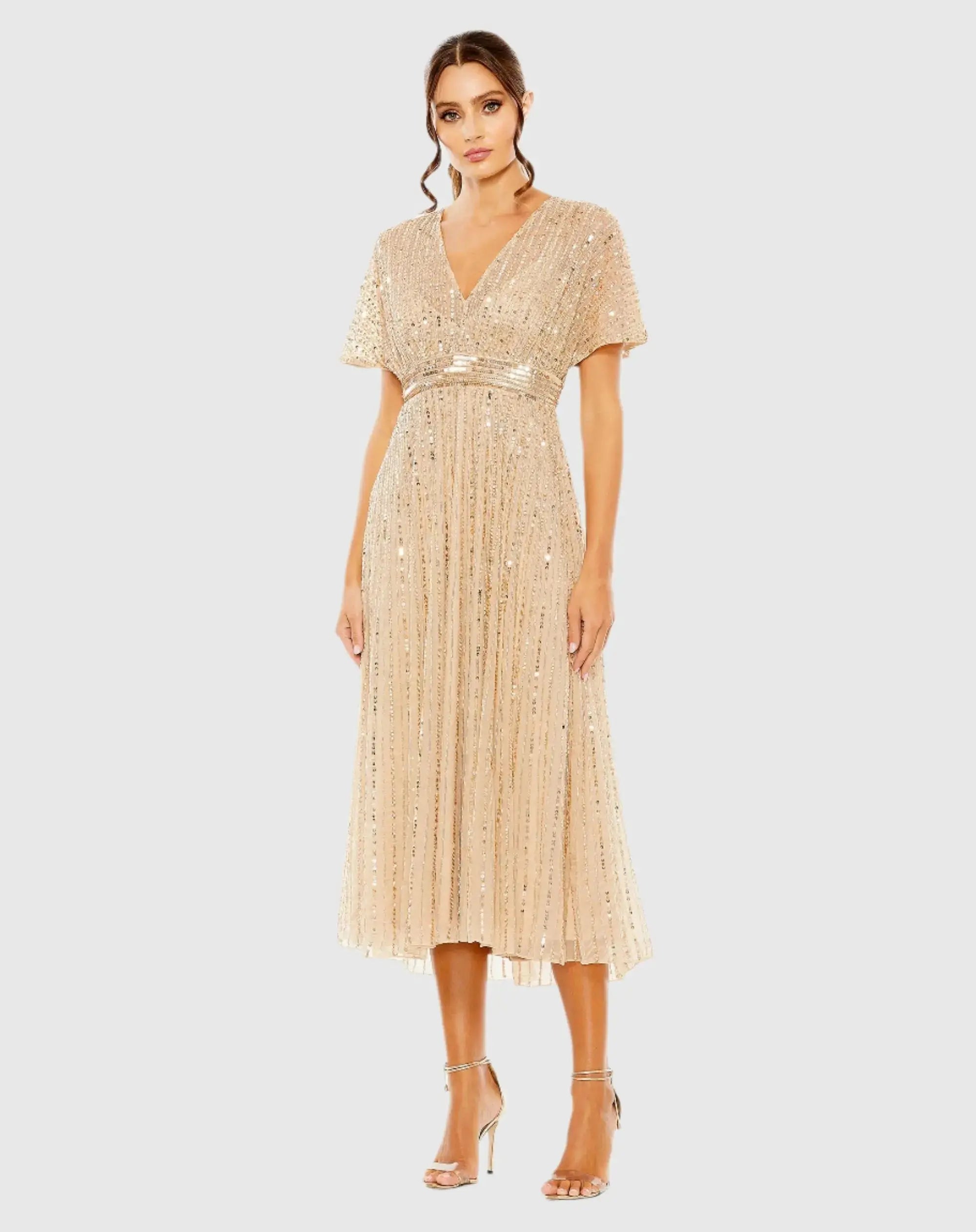 Beige Embellished Short Sleeve Empire Waist Dress-Myartka