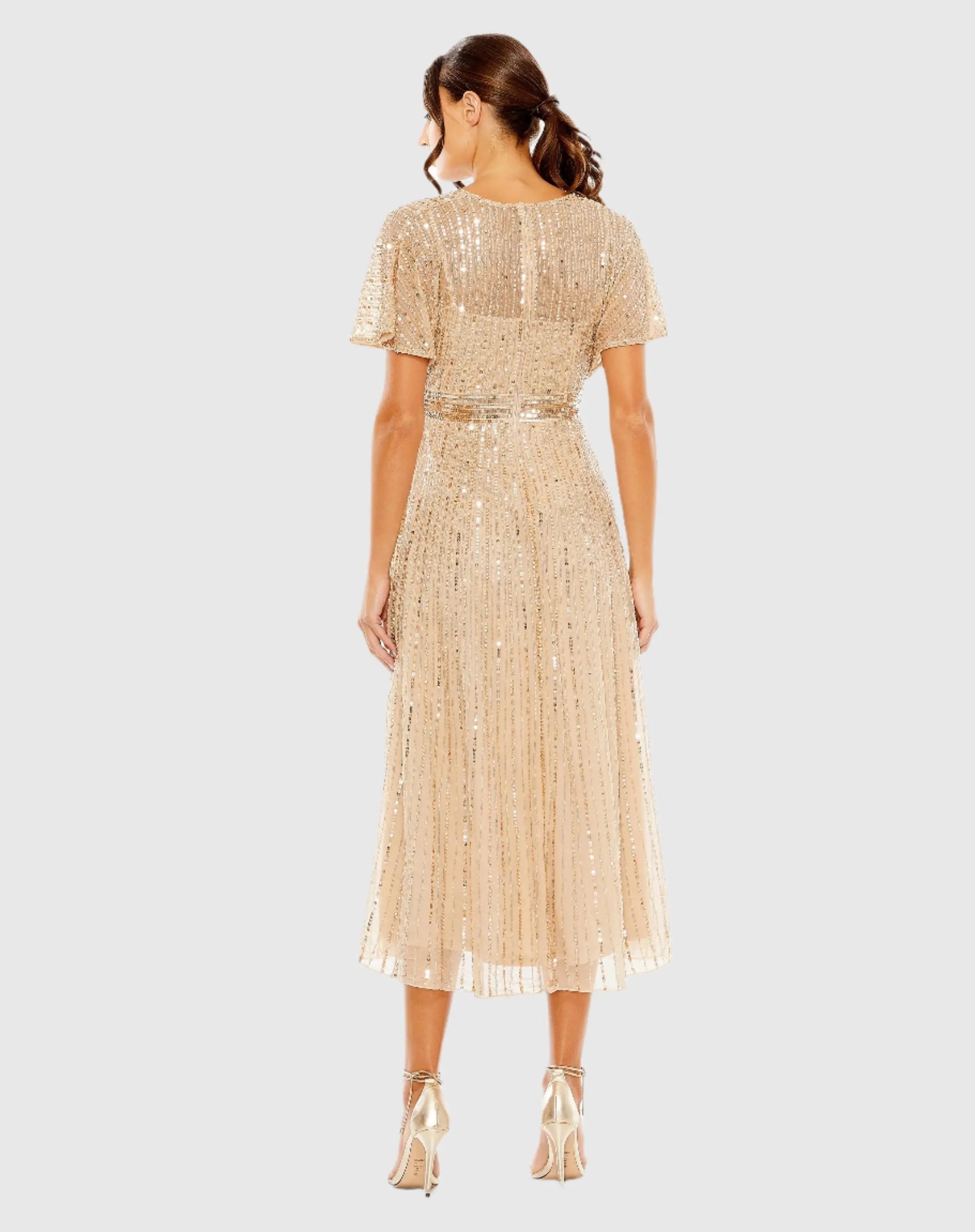 Beige Embellished Short Sleeve Empire Waist Dress-Myartka