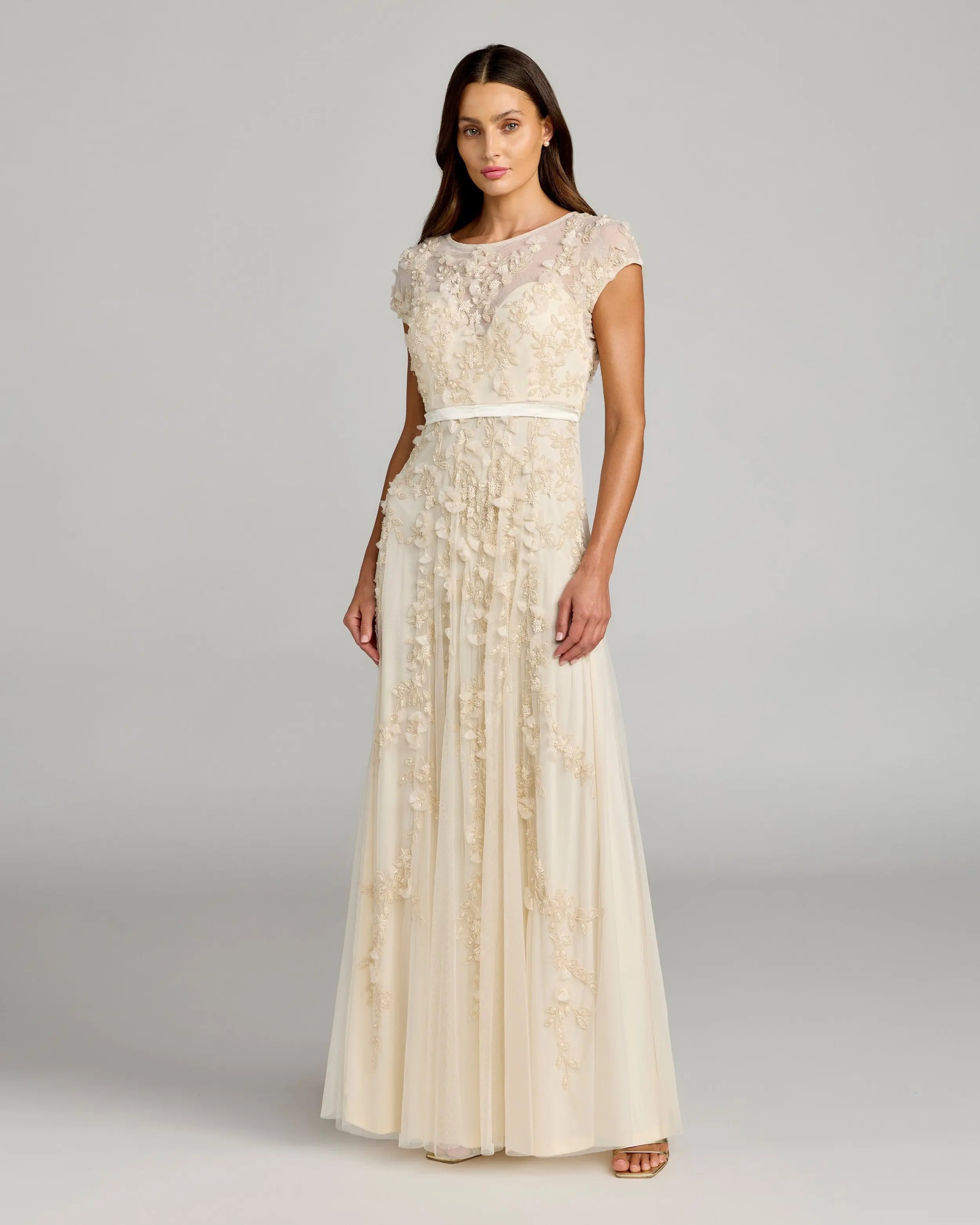 Yellow Floral Embellished Cap Sleeve Gown-Myartka