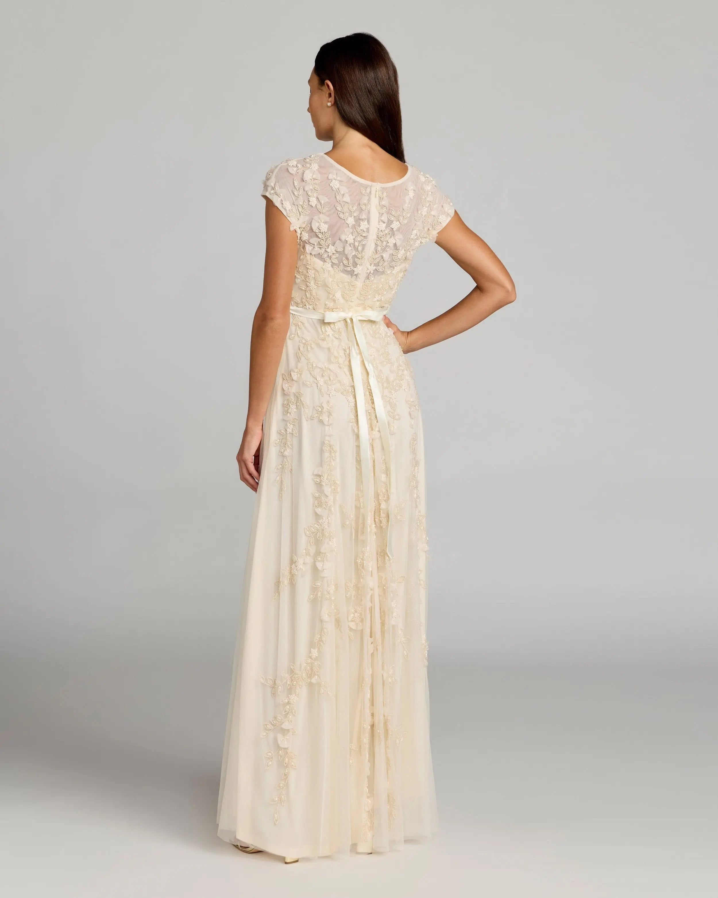 Yellow Floral Embellished Cap Sleeve Gown-Myartka