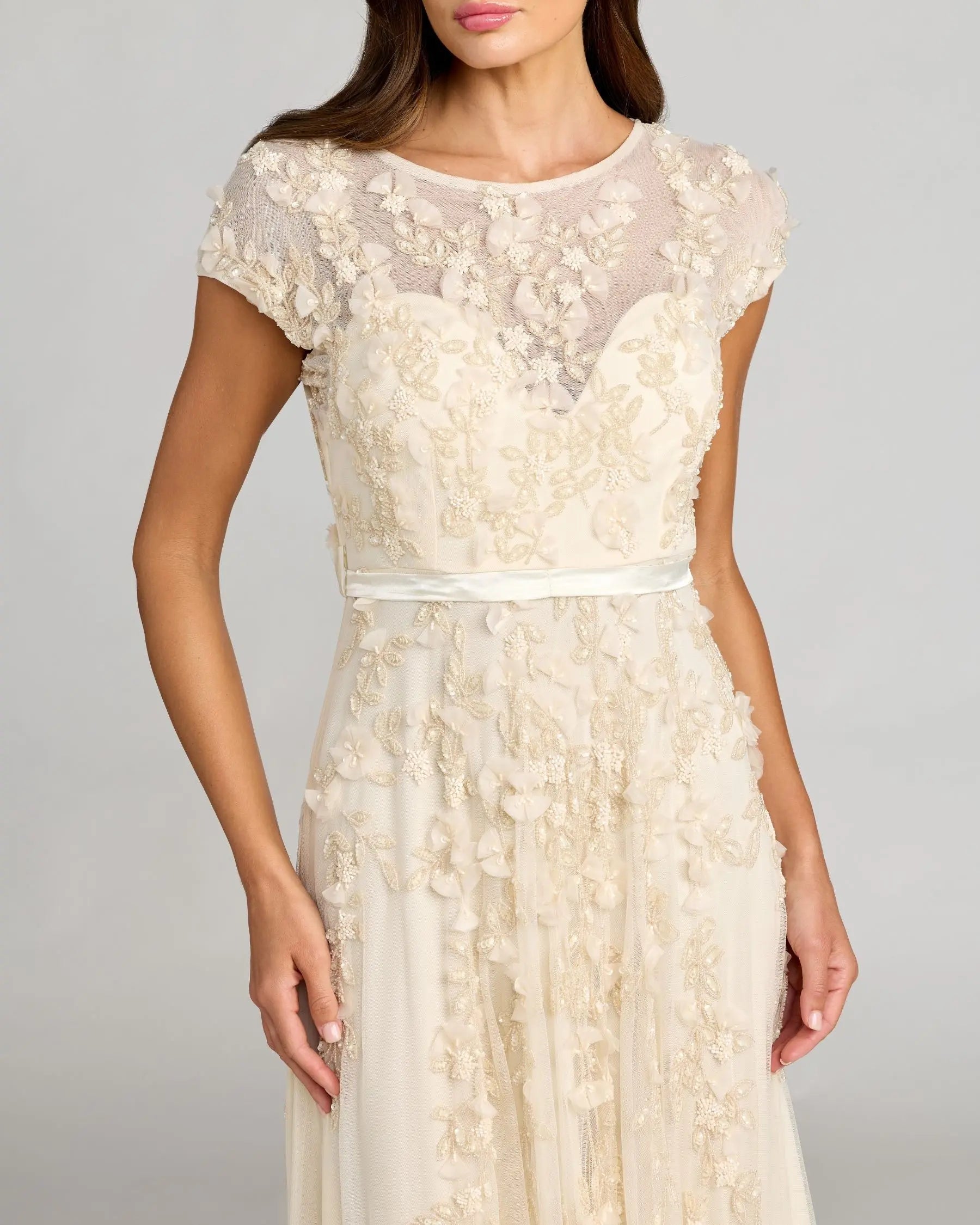 Yellow Floral Embellished Cap Sleeve Gown-Myartka