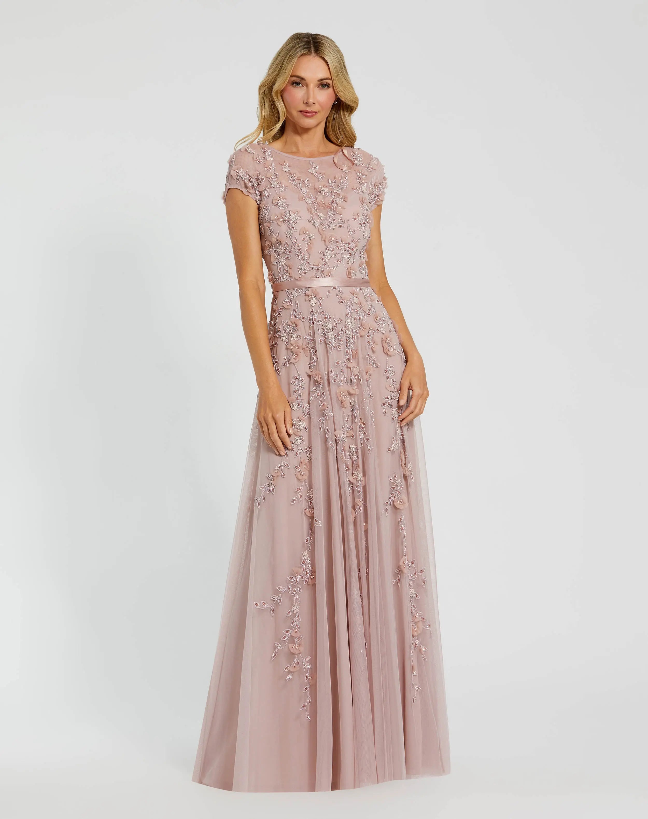 Pink Floral Embellished Cap Sleeve Gown-Myartka