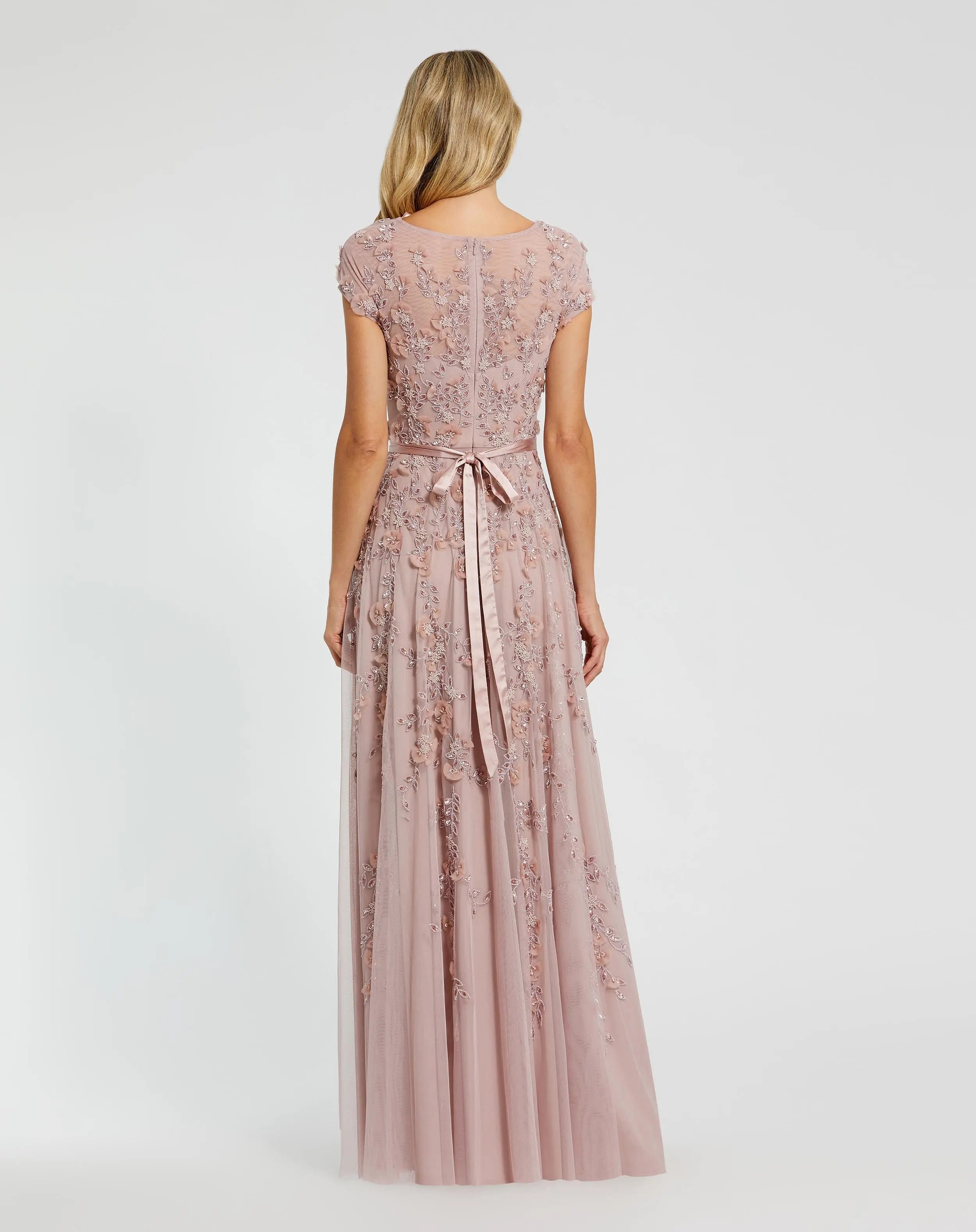 Pink Floral Embellished Cap Sleeve Gown-Myartka