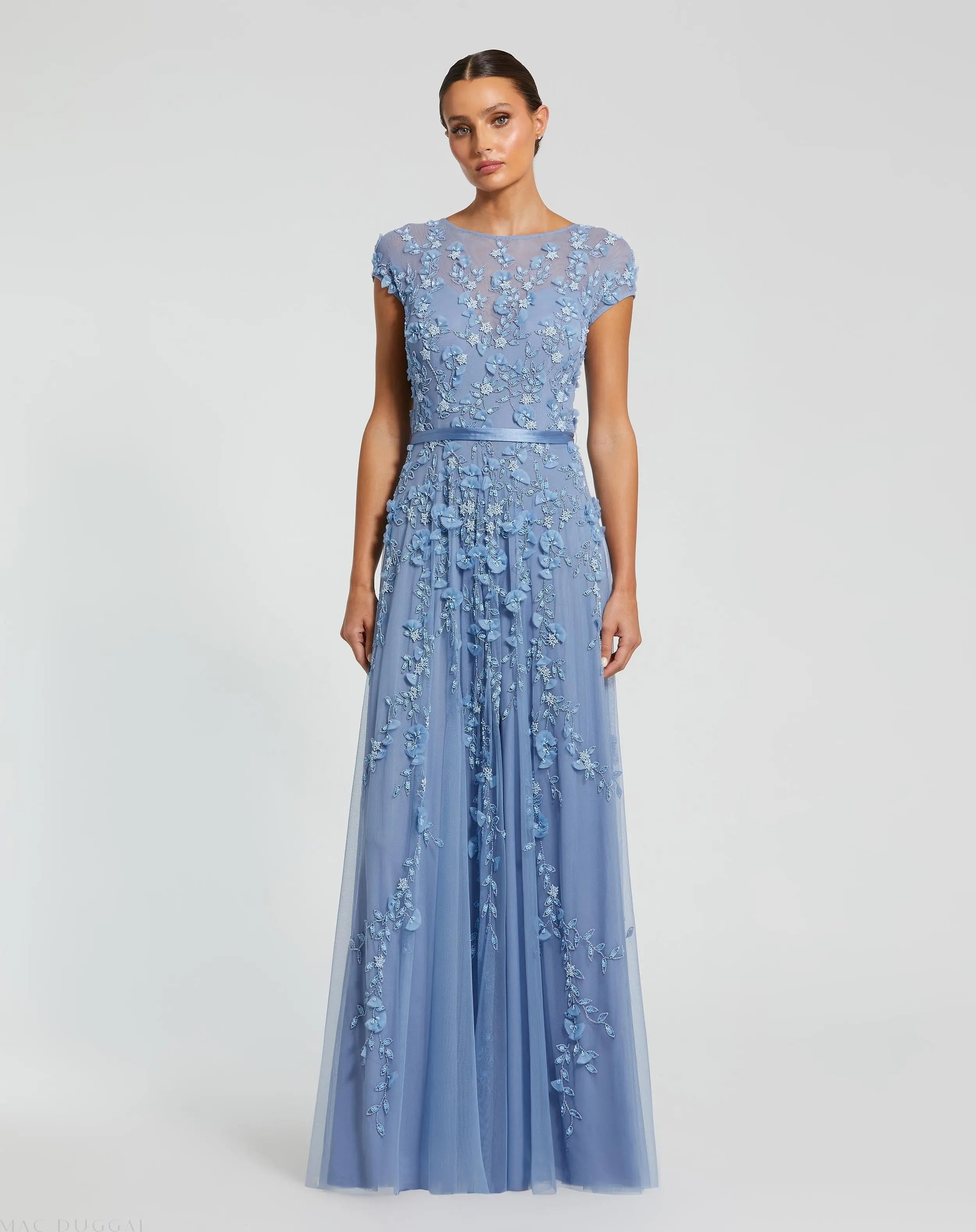 Blue Floral Embellished Cap Sleeve Gown-Myartka