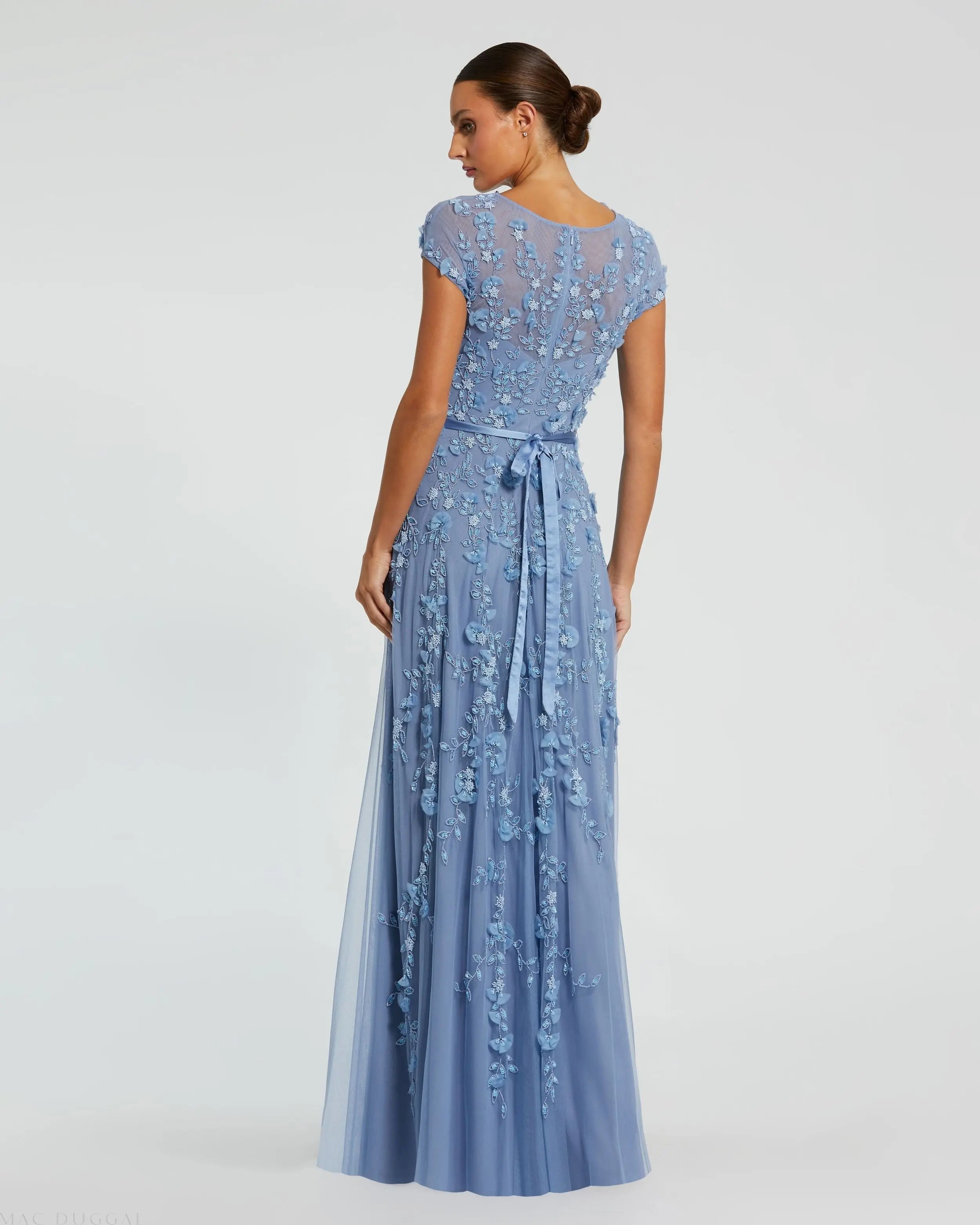 Blue Floral Embellished Cap Sleeve Gown-Myartka