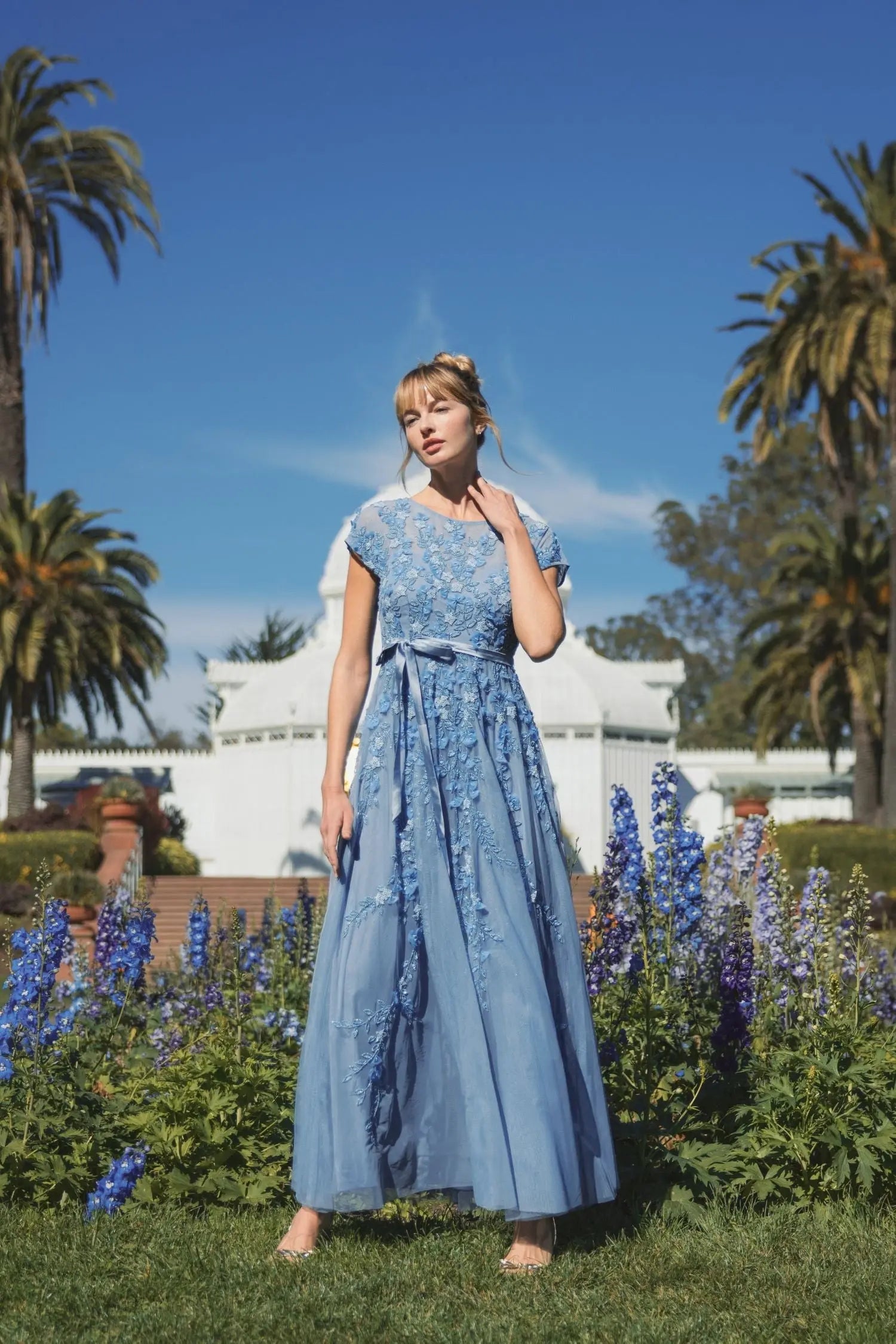 Blue Floral Embellished Cap Sleeve Gown-Myartka