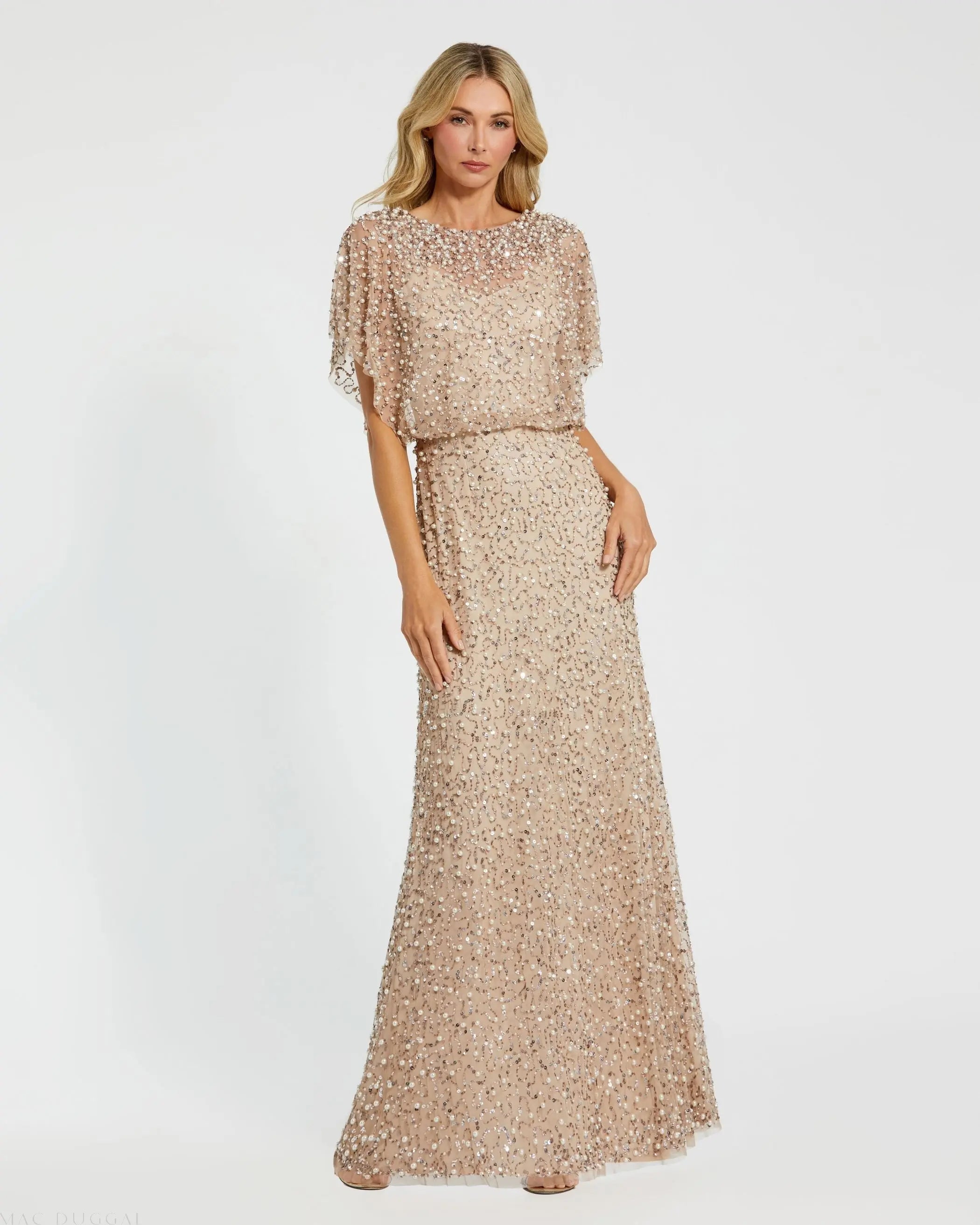 Beige High Neck Short Sleeve Embellished Gown-Myartka
