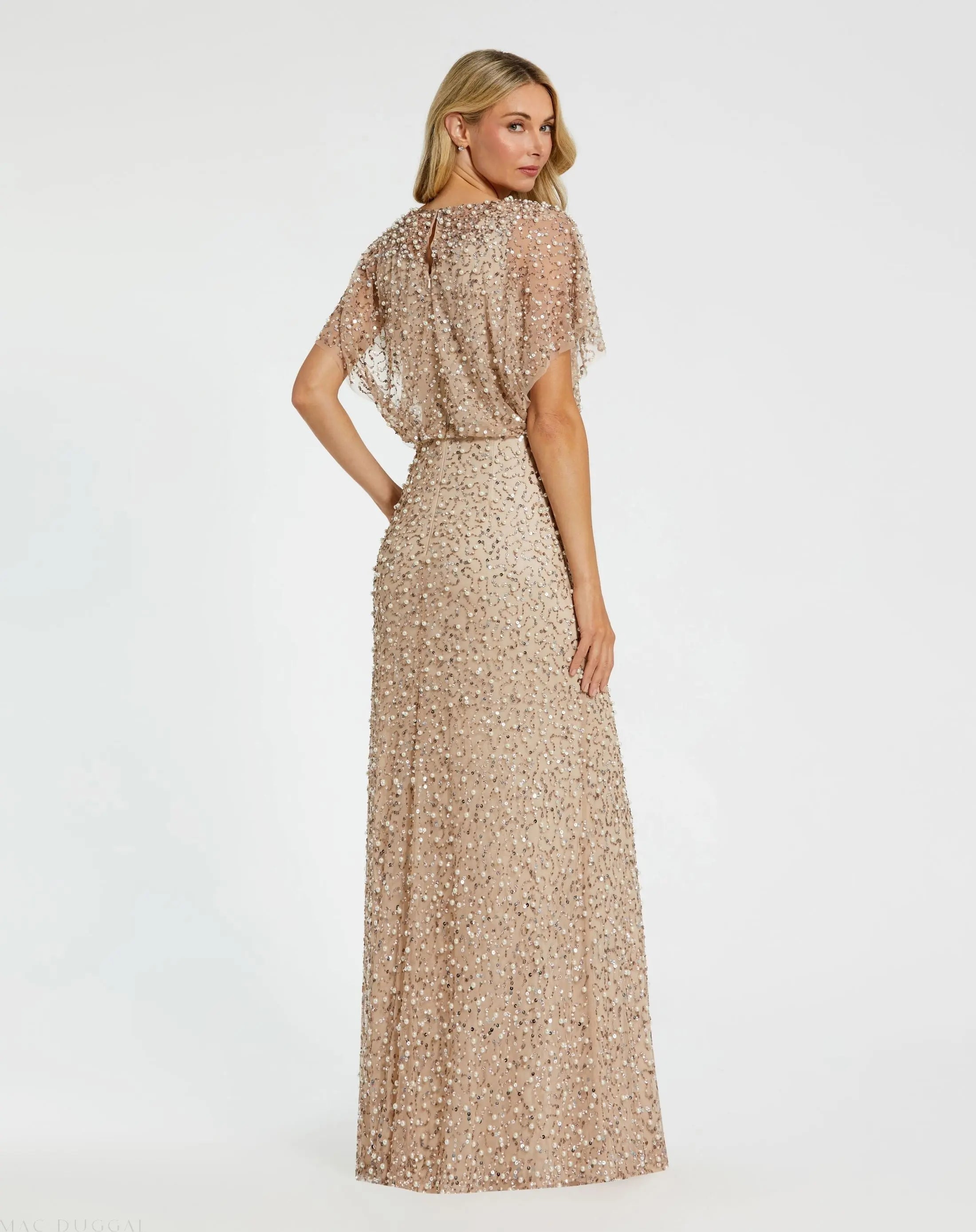 Beige High Neck Short Sleeve Embellished Gown-Myartka