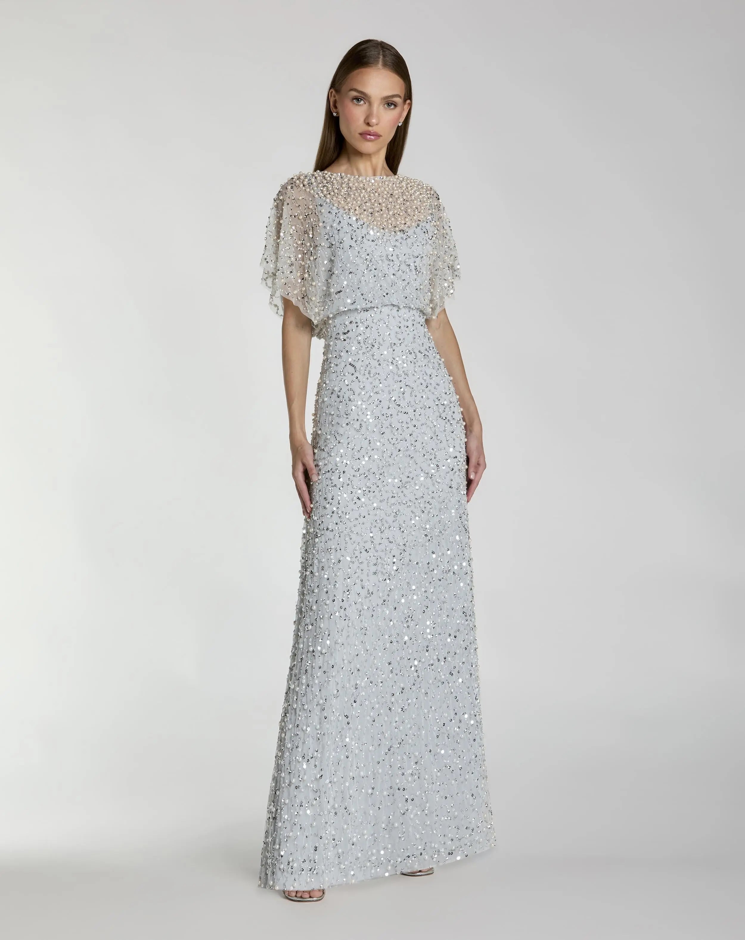 Blue High Neck Short Sleeve Embellished Gown-Myartka