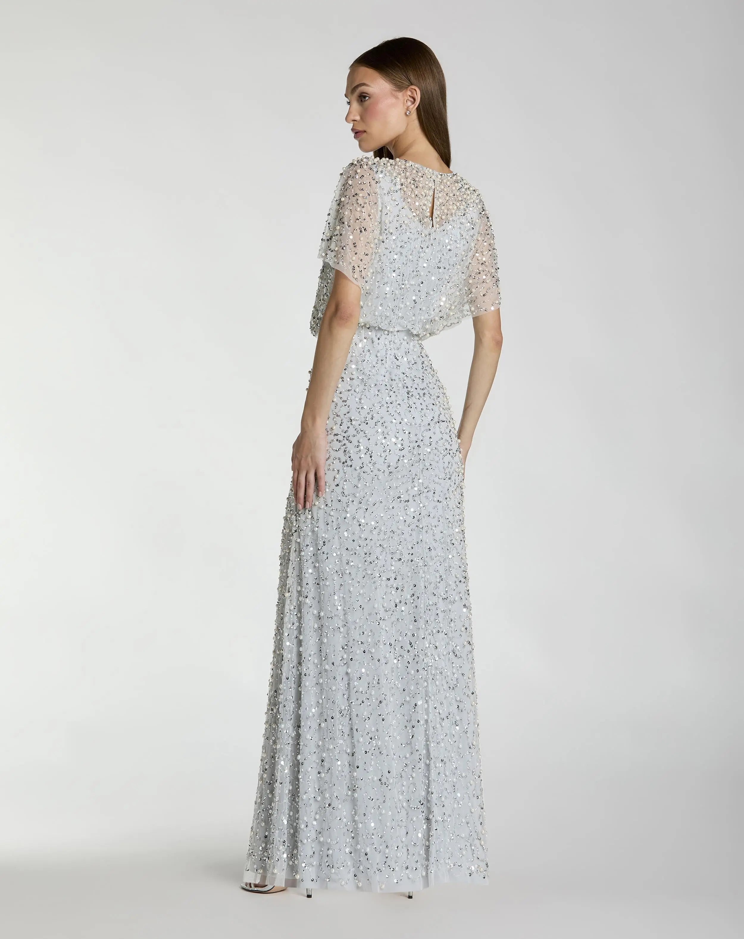 Blue High Neck Short Sleeve Embellished Gown-Myartka