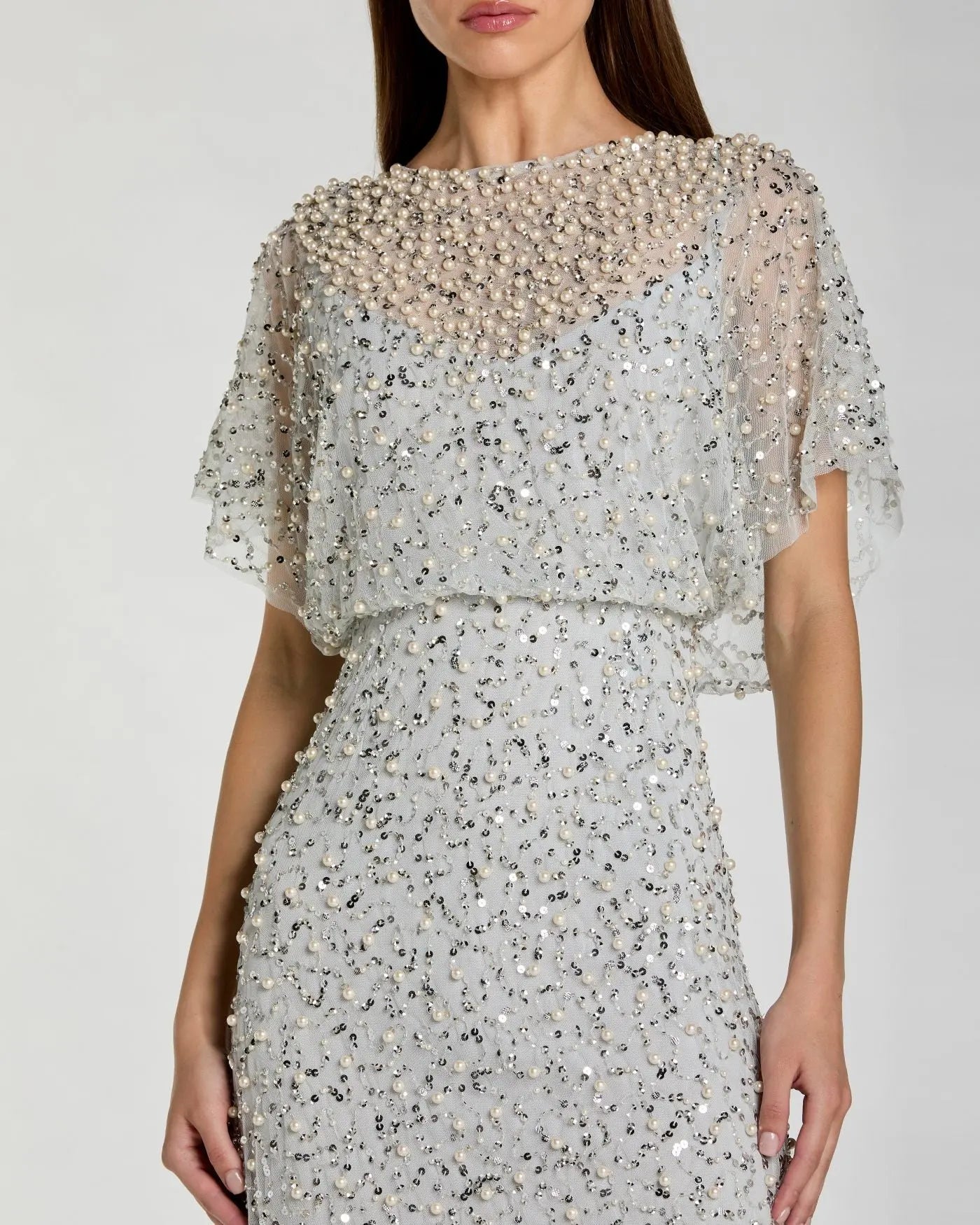 Blue High Neck Short Sleeve Embellished Gown-Myartka